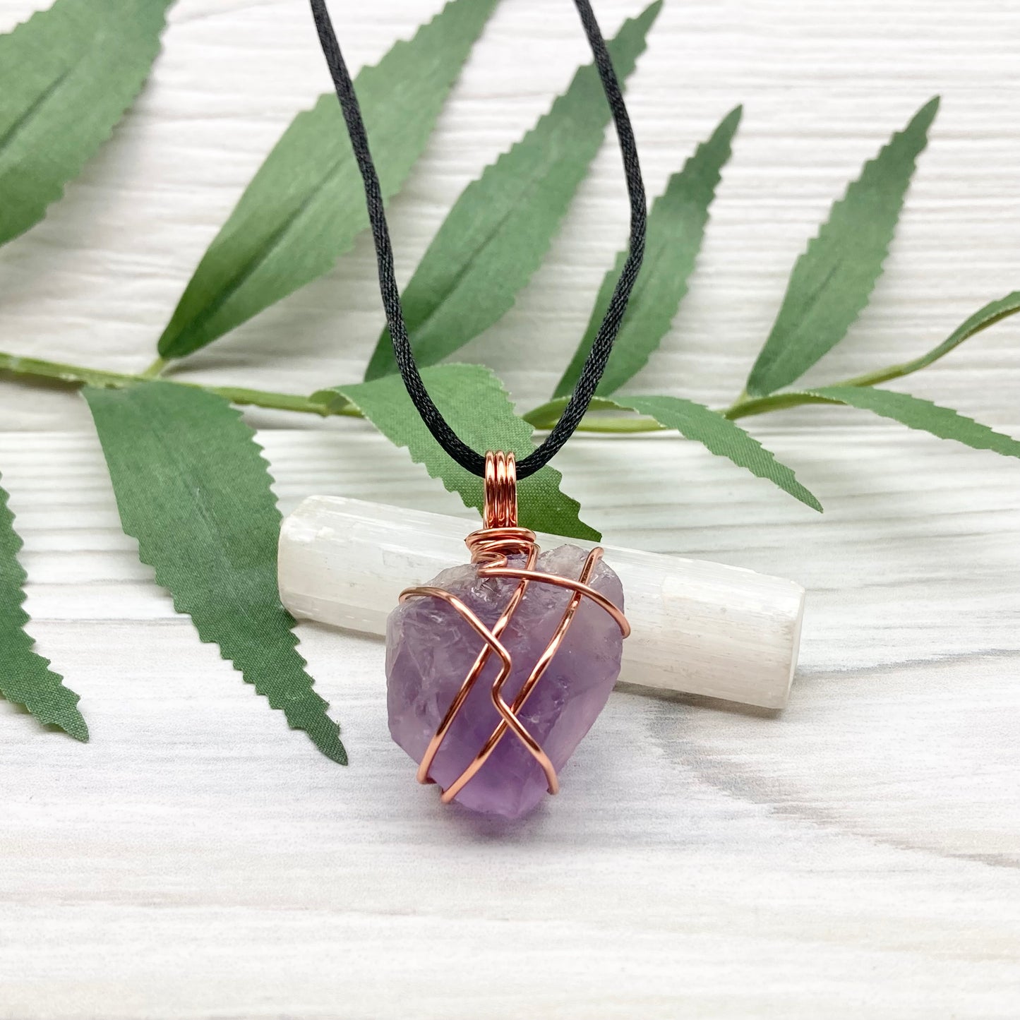 Raw Amethyst Necklace. Natural Purple Amethyst Crystal Wrapped With Tarnish Resistant Copper Wire. Purple Stone Pendant. Comes On A Black Necklace. Aquarius Zodiac Crystal Jewelry. Handmade In Tennessee.