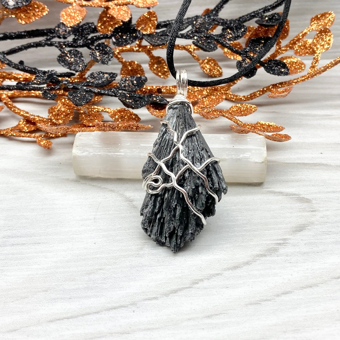 Black Kyanite necklace. Raw natural Kyanite wrapped with silver copper wire. Kyanite broom pendant. Black crystal jewelry. Comes on a black chain. Witchy gift.