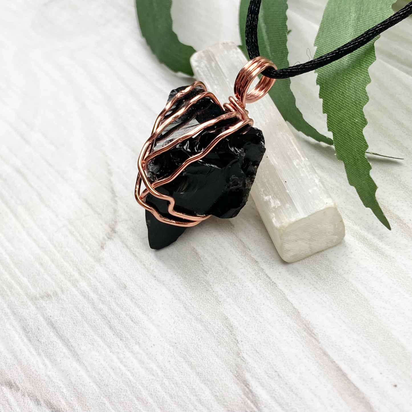 Raw Black Obsidian Necklace. Natural Obsidian Crystal Wrapped With Copper Wire. Comes On A Black Necklace. Witchy Pagan Style Jewelry.