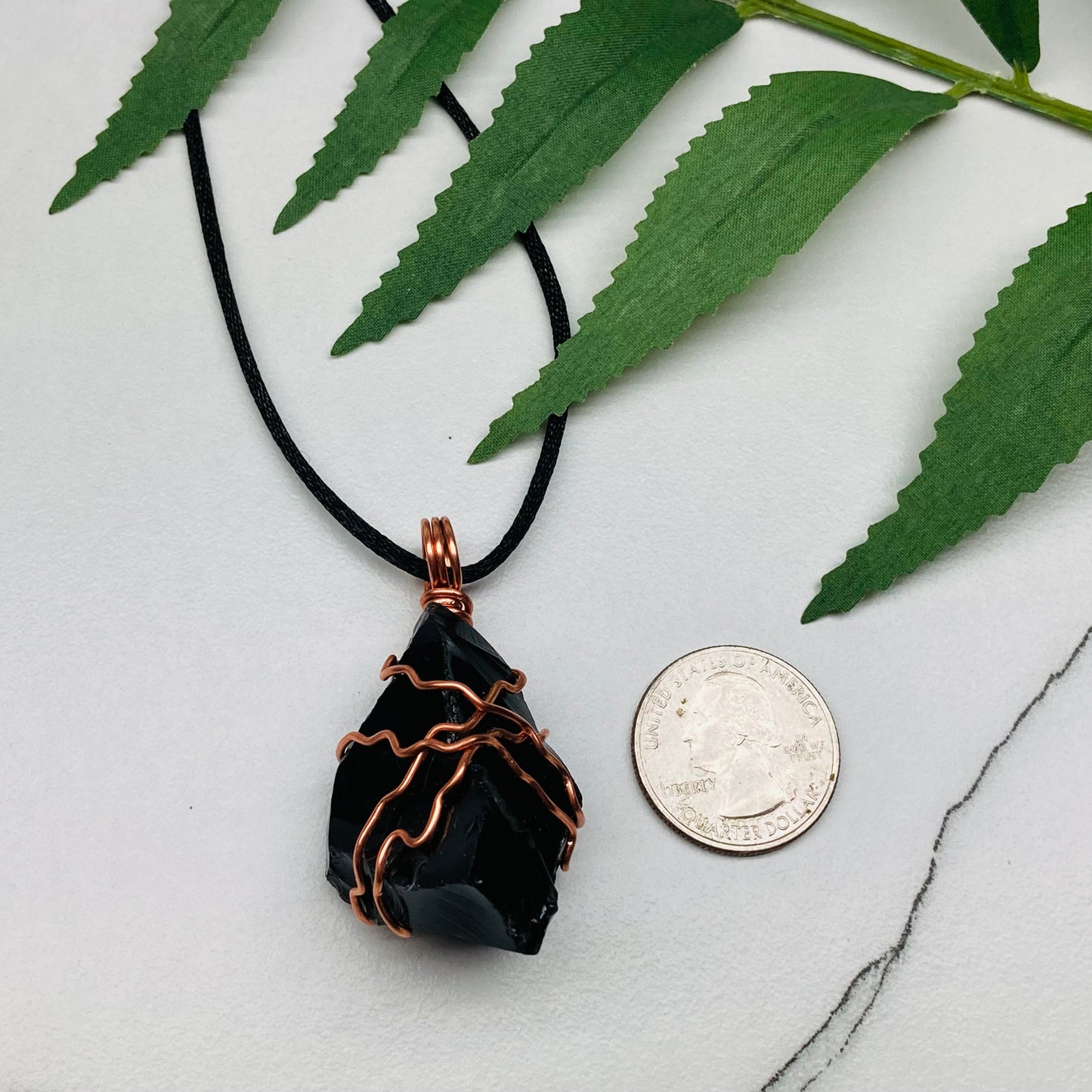 Natural Black Obsidian Necklace. Crystal Wrapped With Copper Wire. Comes On A Black Chain.