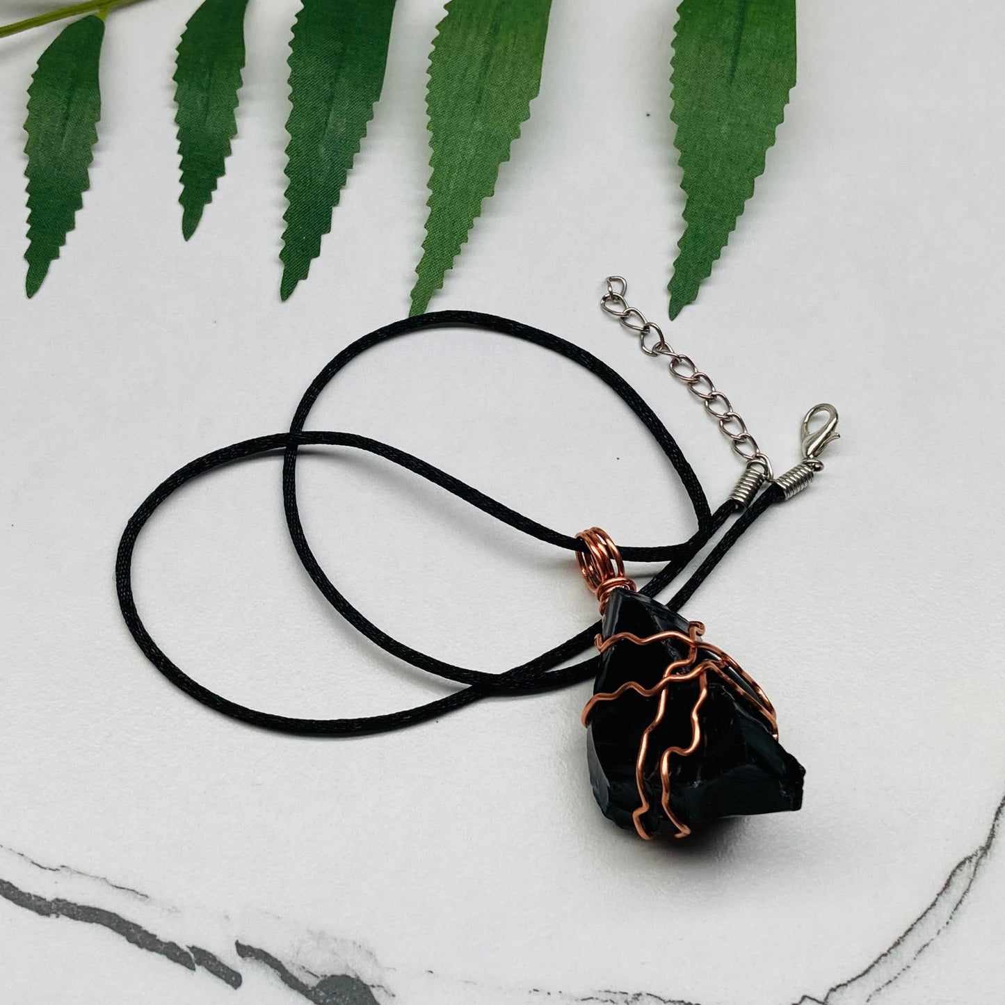 Natural Black Obsidian Necklace. Crystal Wrapped With Copper Wire. Comes On A Black Chain.