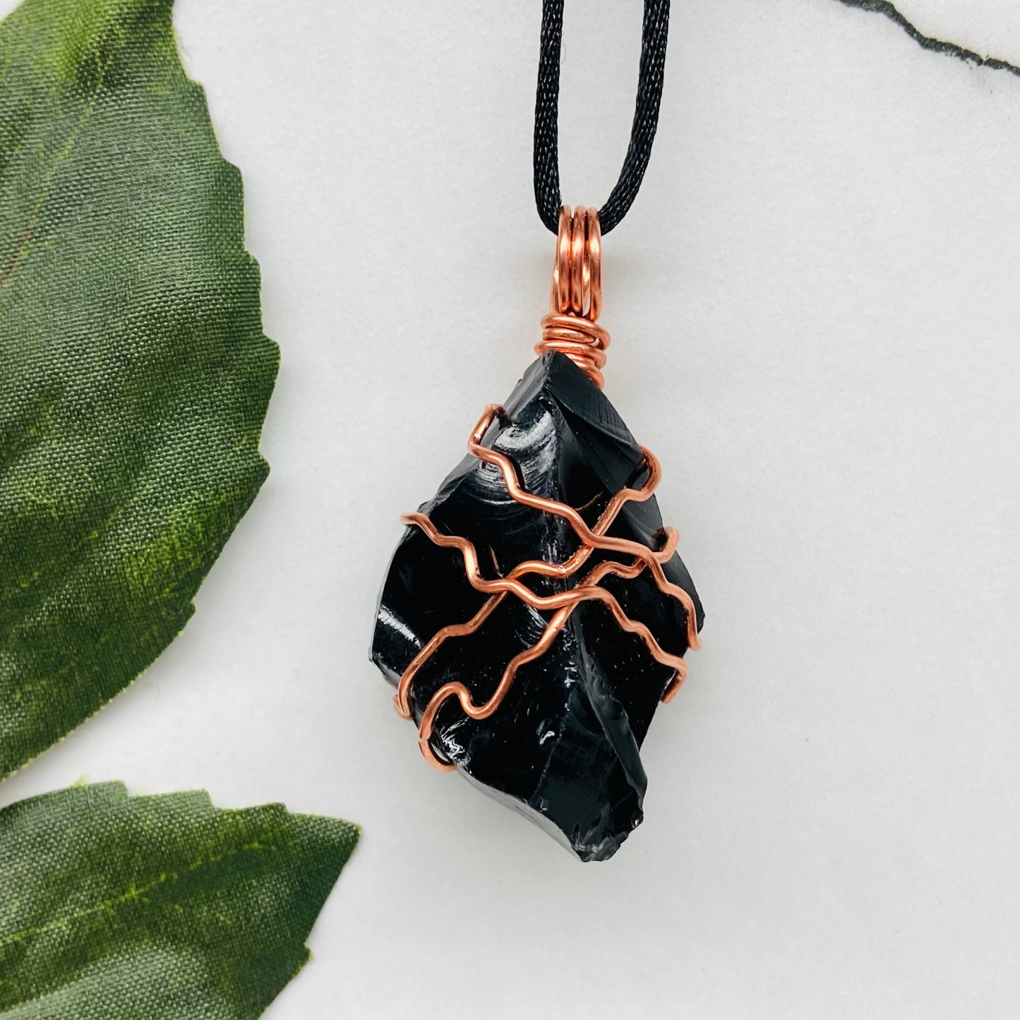 Natural Black Obsidian Necklace. Crystal Wrapped With Copper Wire. Comes On A Black Chain.