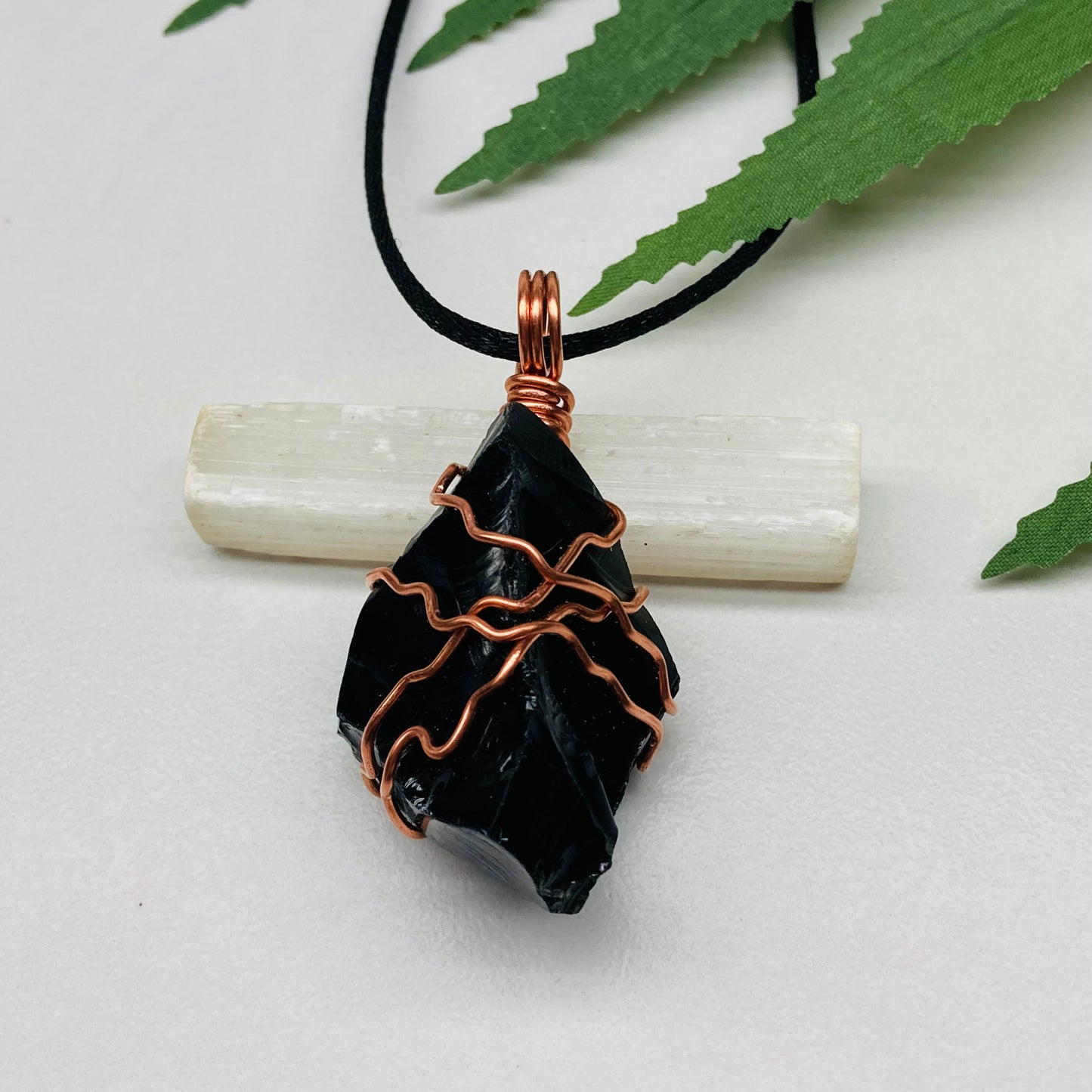 Natural Black Obsidian Necklace. Crystal Wrapped With Copper Wire. Comes On A Black Chain.