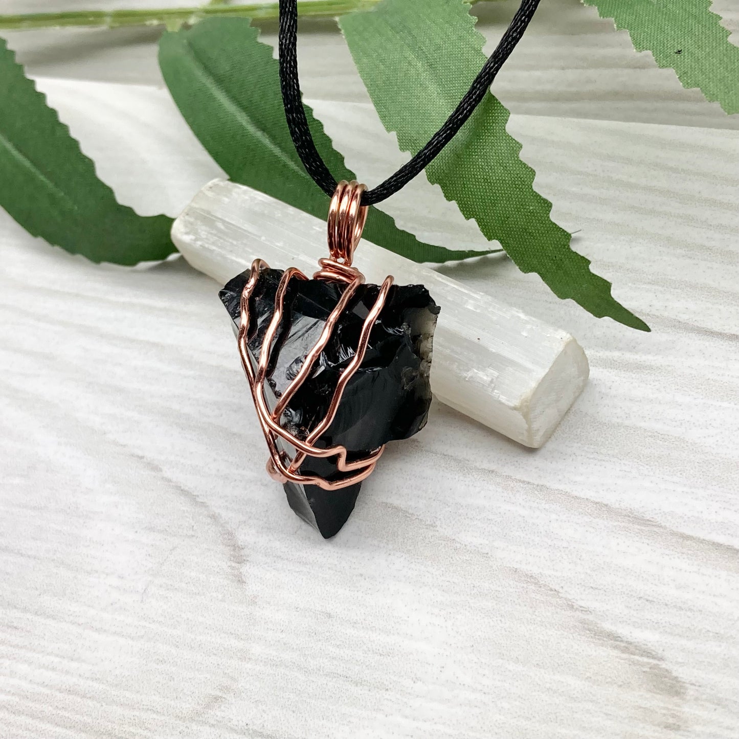 Raw Black Obsidian Necklace. Natural Obsidian Crystal Wrapped With Copper Wire. Comes On A Black Necklace. Witchy Pagan Style Jewelry.