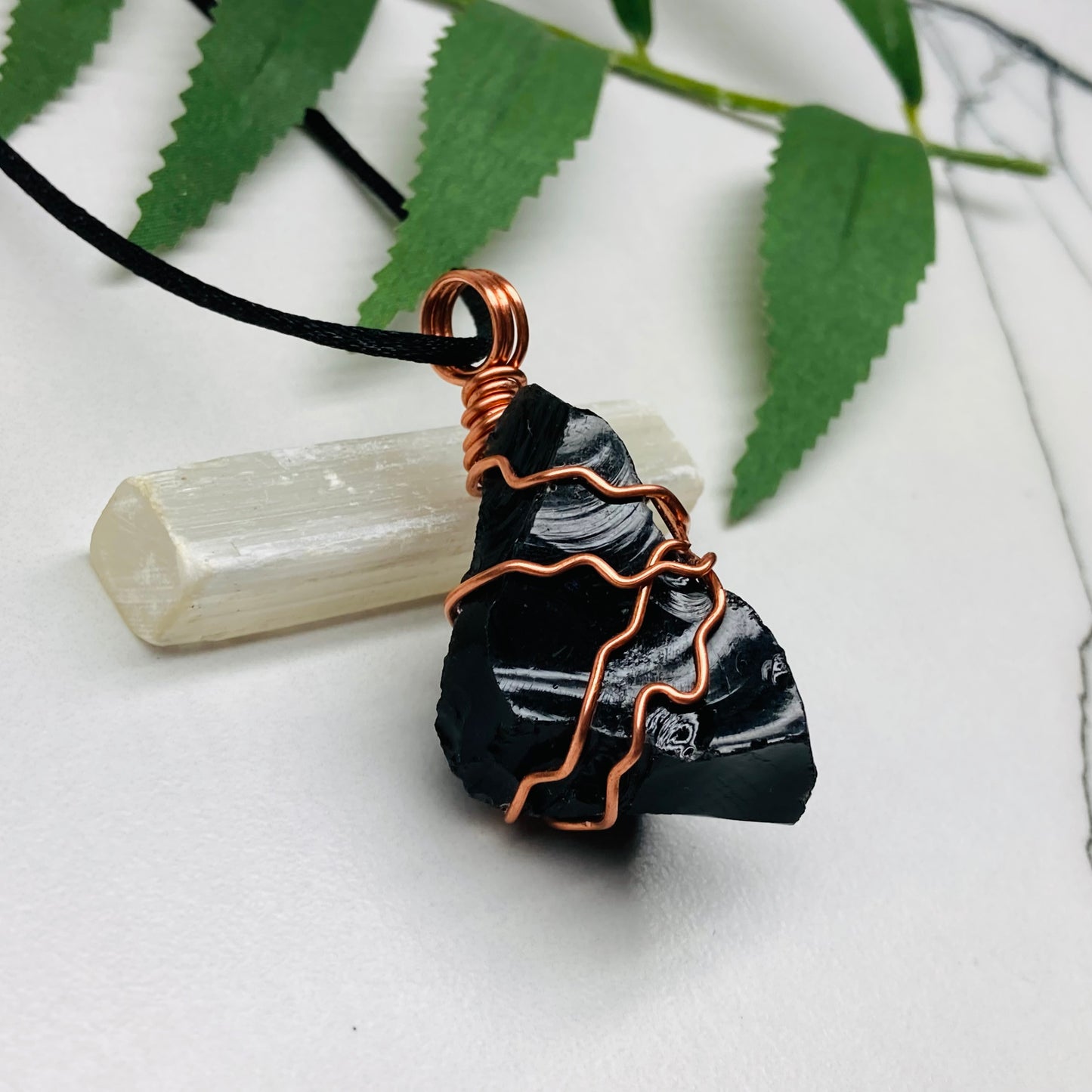 Natural Black Obsidian Necklace. Crystal Wrapped With Copper Wire. Comes On A Black Chain.
