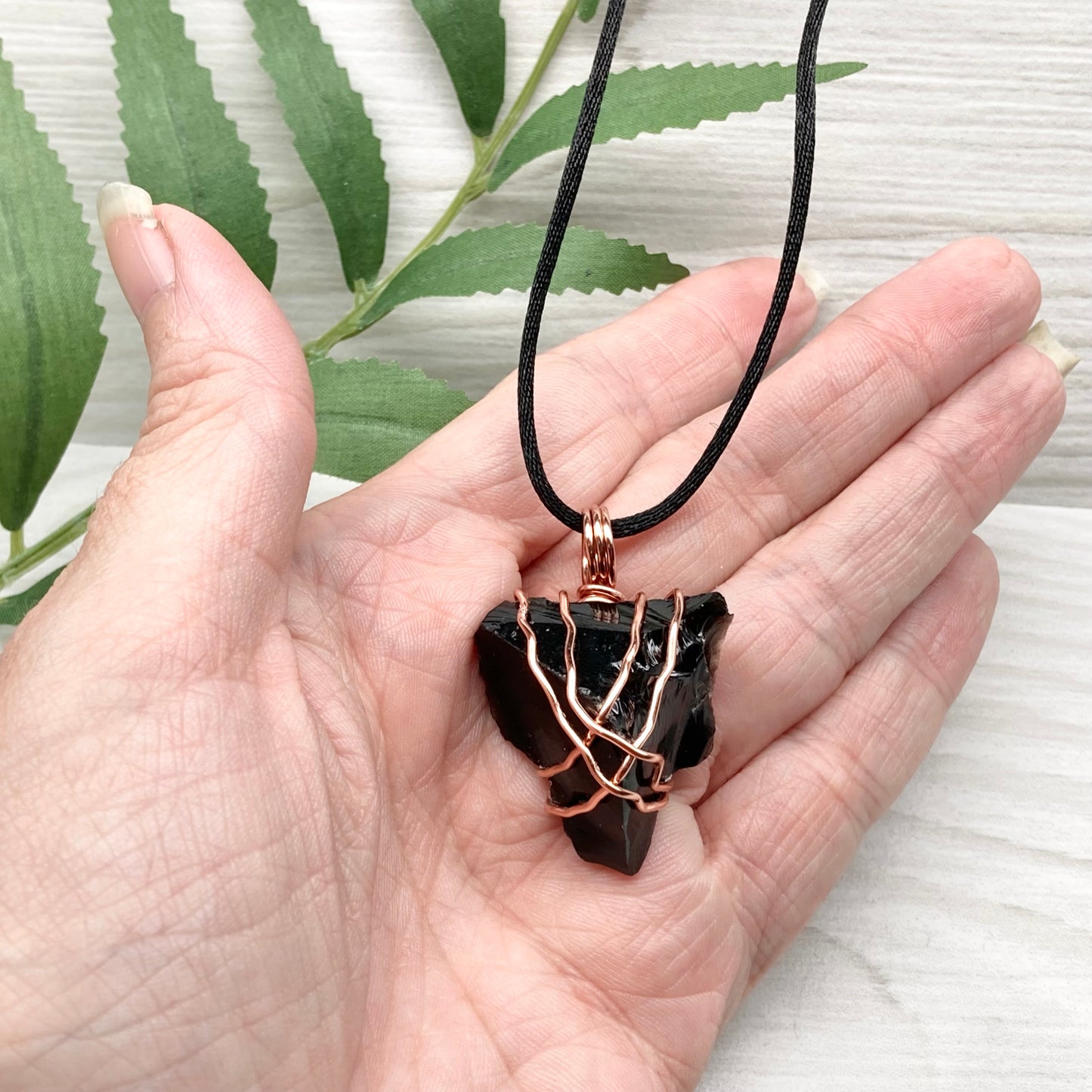 Raw Black Obsidian Necklace. Natural Obsidian Crystal Wrapped With Copper Wire. Comes On A Black Necklace. Witchy Pagan Style Jewelry.