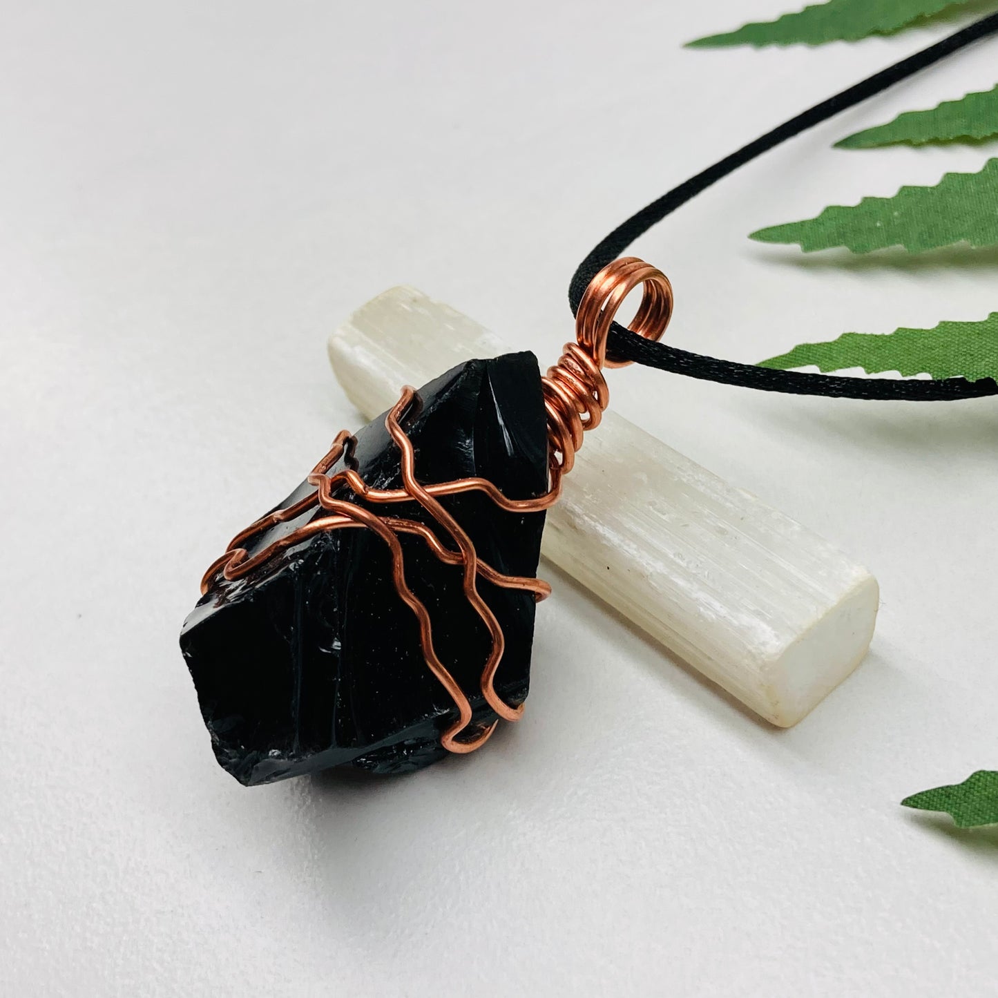Natural Black Obsidian Necklace. Crystal Wrapped With Copper Wire. Comes On A Black Chain.