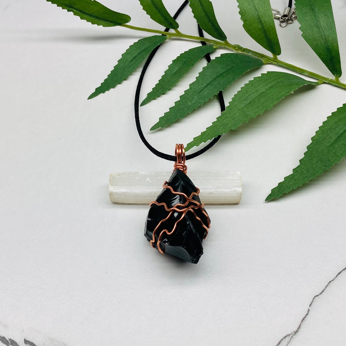 Natural Black Obsidian Necklace. Crystal Wrapped With Copper Wire. Comes On A Black Chain.