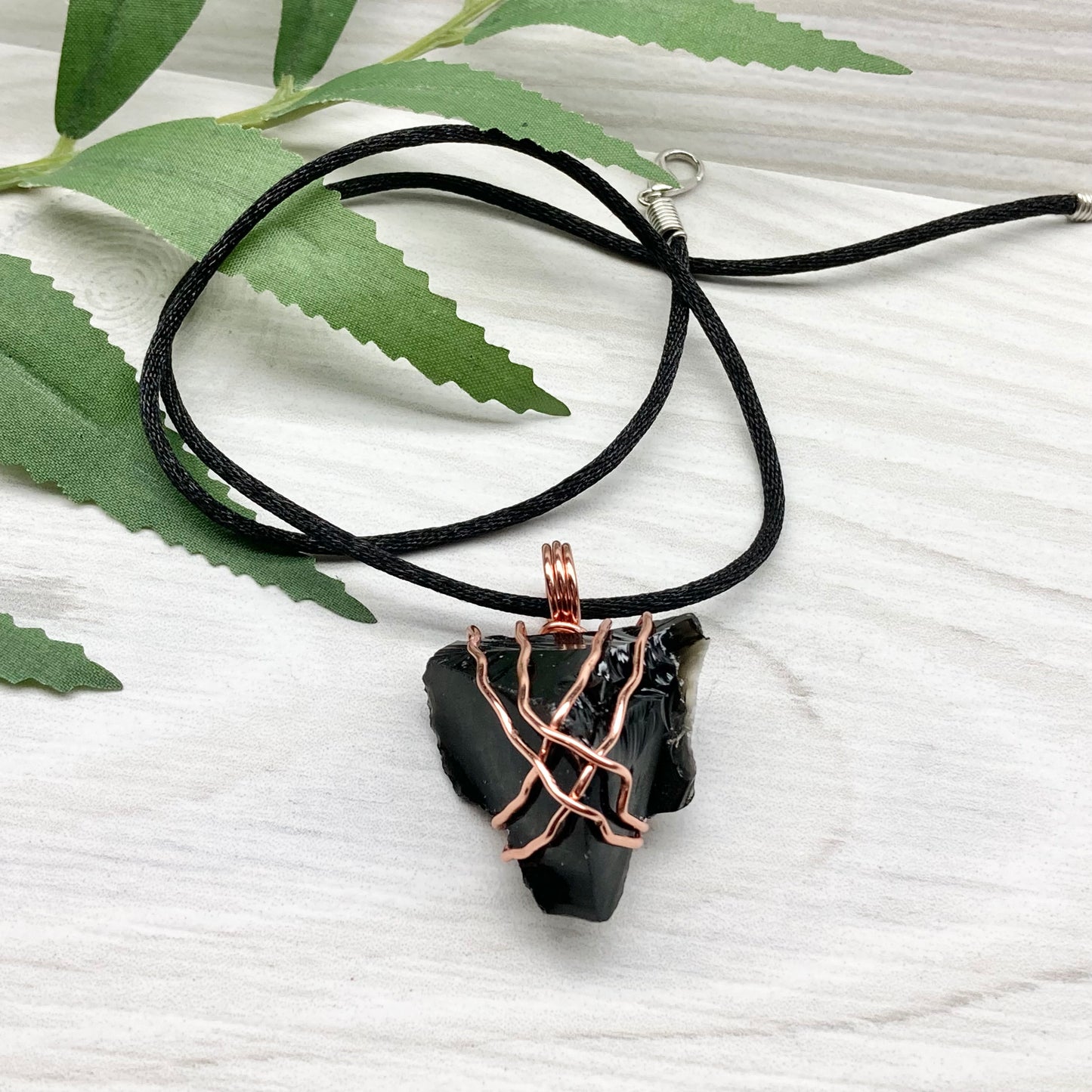 Raw Black Obsidian Necklace. Natural Obsidian Crystal Wrapped With Copper Wire. Comes On A Black Necklace. Witchy Pagan Style Jewelry.