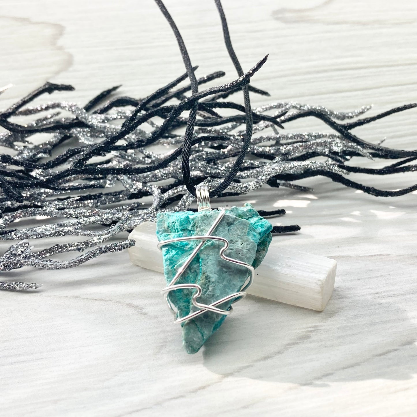 Chrysocolla Necklace. Raw Chrysocolla Crystal Wrapped With Silver Colored Copper Wire. This Stone Is A Beautiful Teal Color. Comes On A Black Chain.