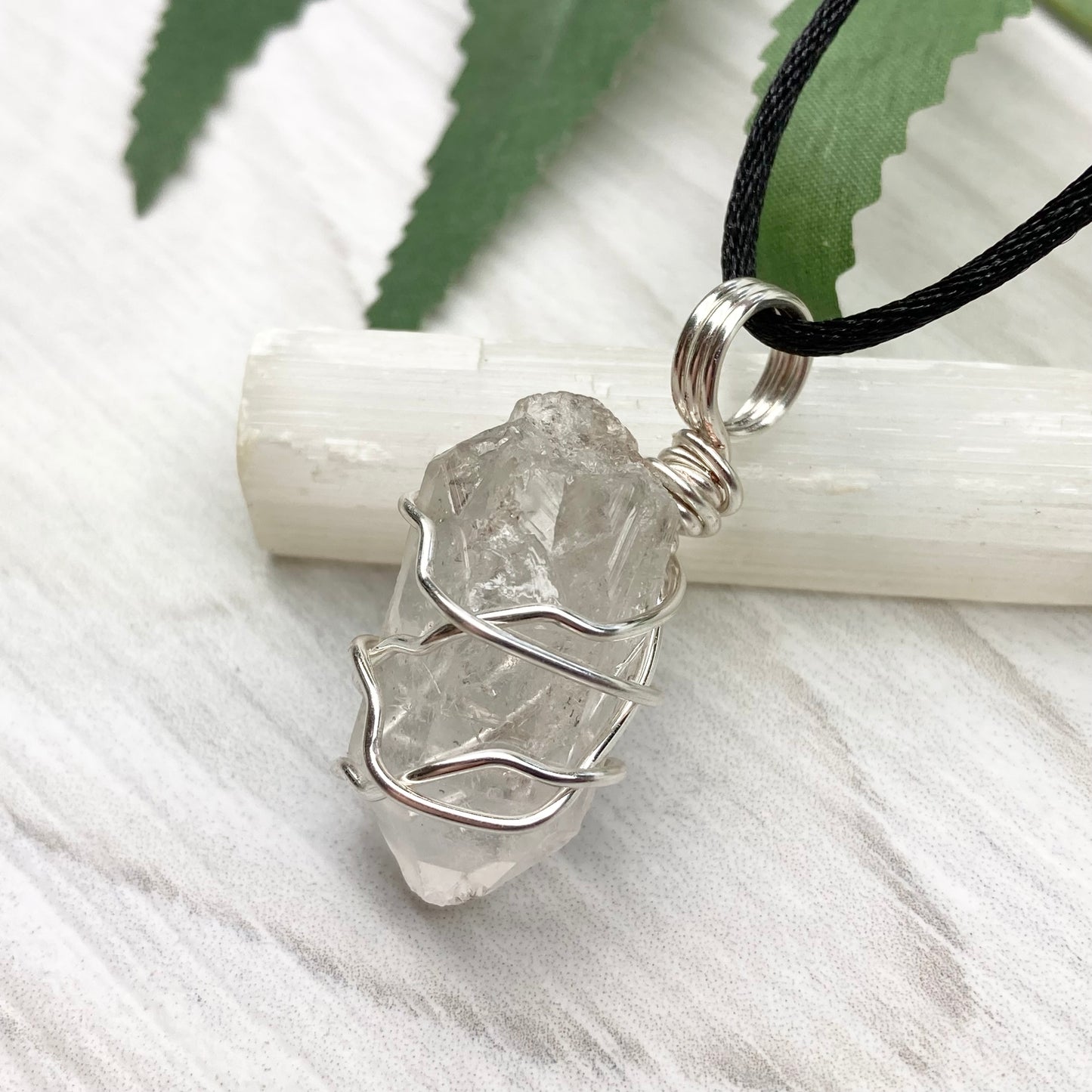 Natural Clear Quartz Necklace. Raw Quartz Wrapped With Silver Copper Wire. Comes On A Black Necklace.