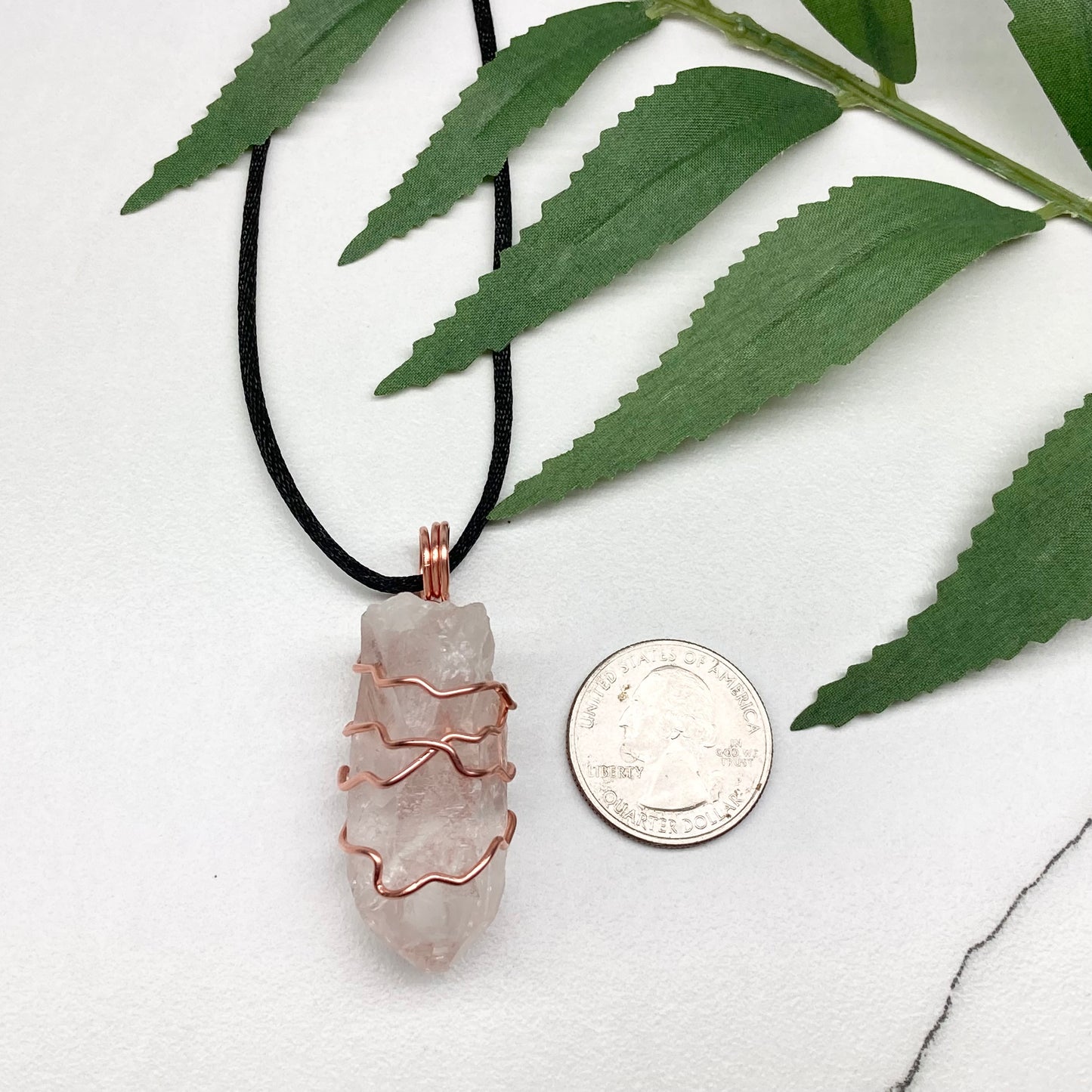 Raw Clear Quartz Crystal Necklace. Copper Wire Wrapped Stone Pendant. Comes On A Black Necklace. Handcrafted New Age Jewelry.