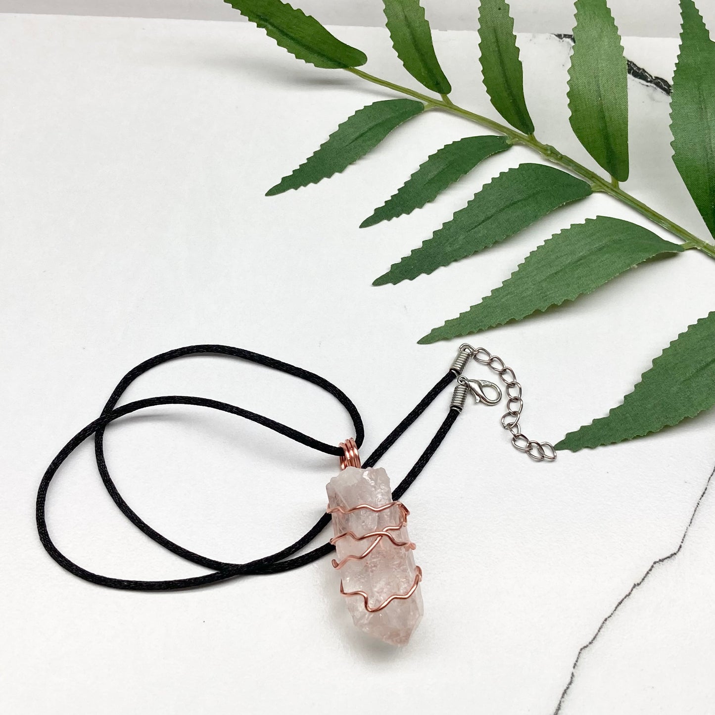 Raw Clear Quartz Crystal Necklace. Copper Wire Wrapped Stone Pendant. Comes On A Black Necklace. Handcrafted New Age Jewelry.