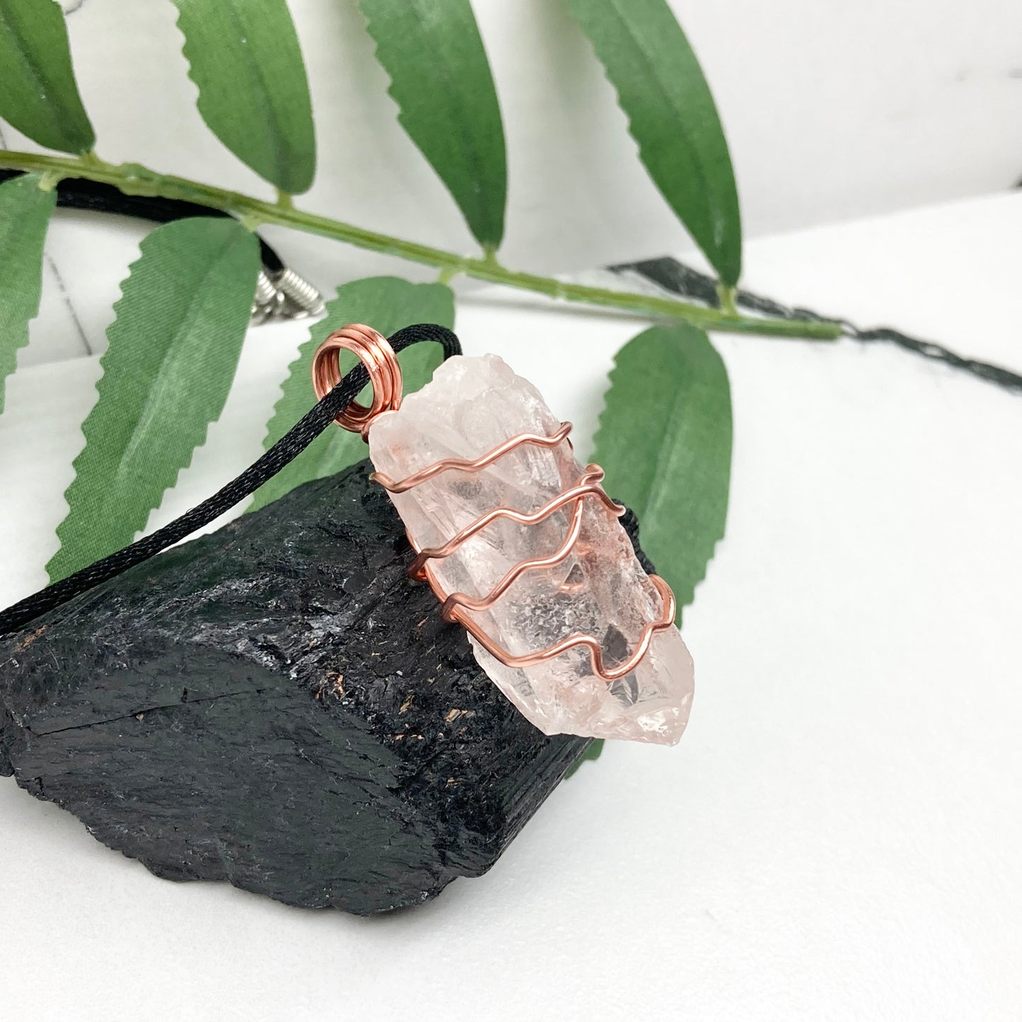 Raw Clear Quartz Crystal Necklace. Copper Wire Wrapped Stone Pendant. Comes On A Black Necklace. Handcrafted New Age Jewelry.