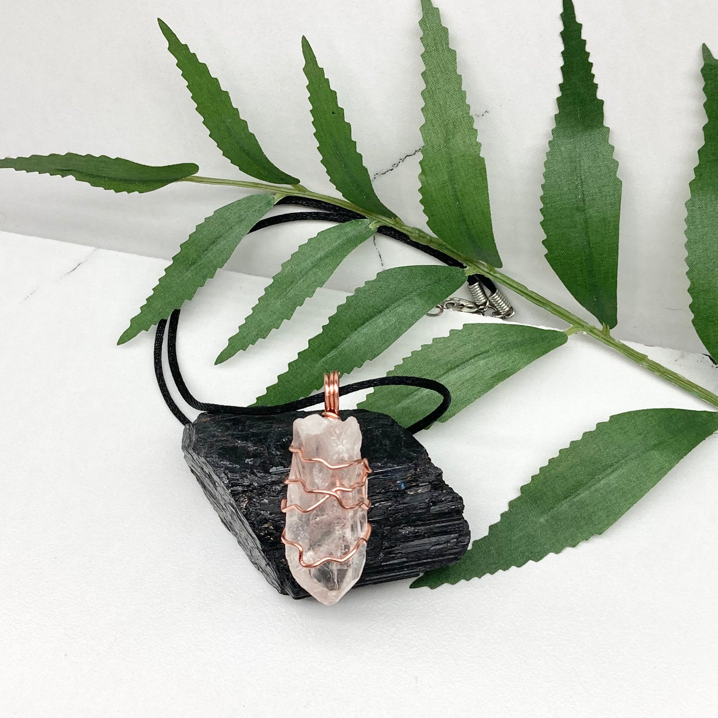 Raw Clear Quartz Crystal Necklace. Copper Wire Wrapped Stone Pendant. Comes On A Black Necklace. Handcrafted New Age Jewelry.