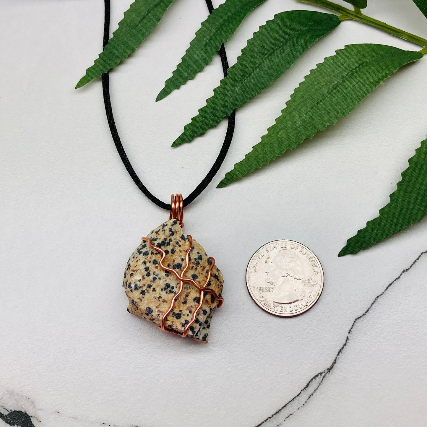 "Dalmatian jasper necklace with beige stone and black spots, wrapped in copper wire, handcrafted during the Moon in Aries