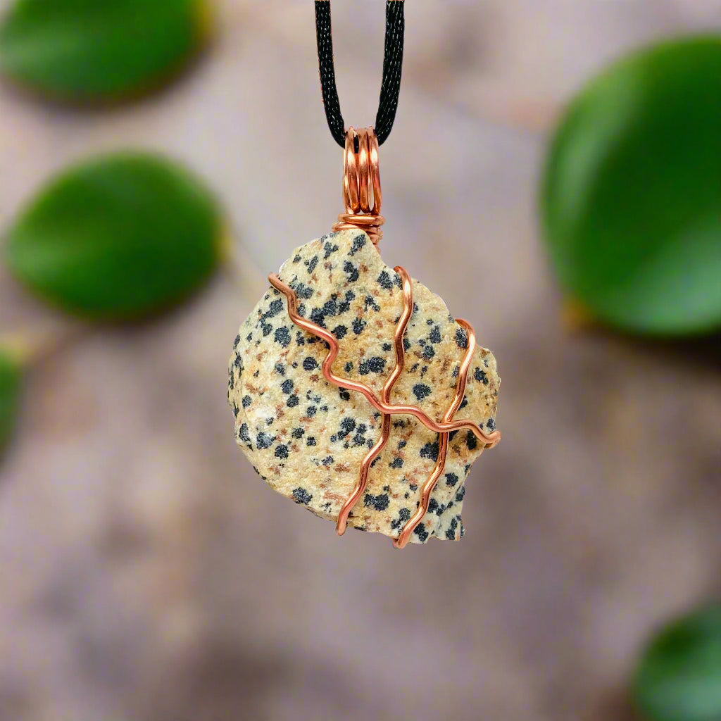 "Dalmatian jasper necklace with beige stone and black spots, wrapped in copper wire, handcrafted during the Moon in Aries