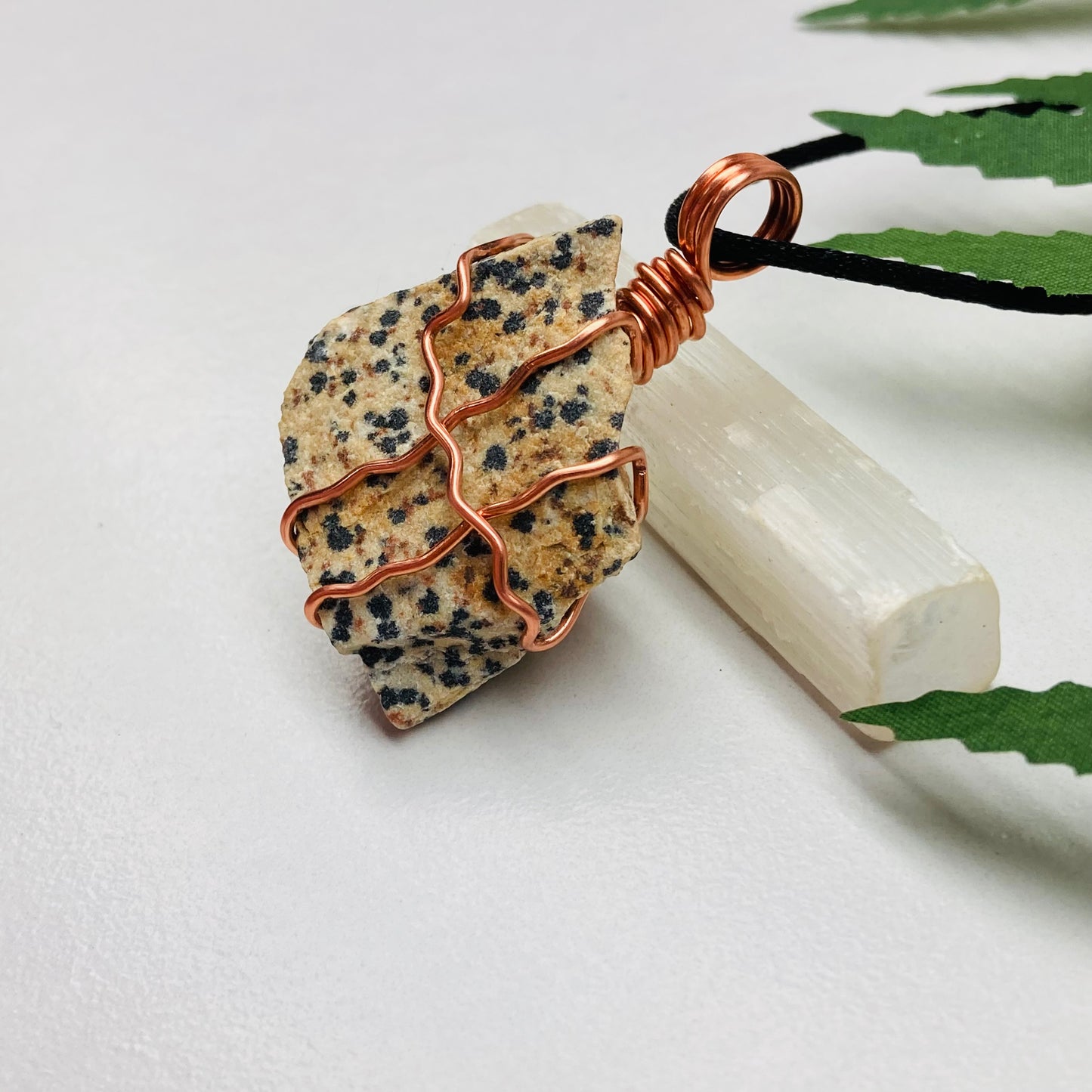 "Dalmatian jasper necklace with beige stone and black spots, wrapped in copper wire, handcrafted during the Moon in Aries