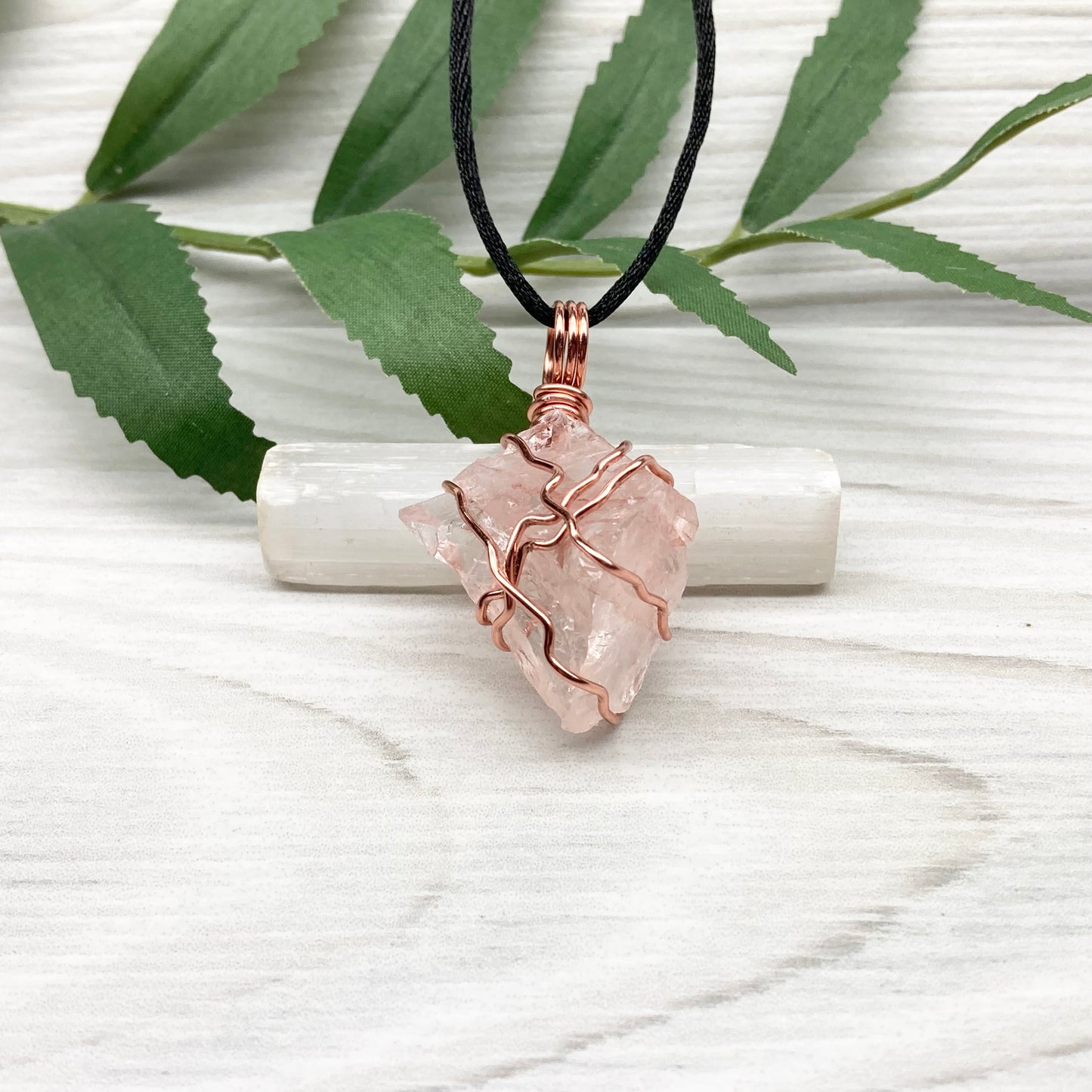 Fire Quartz Necklace. Clear crystal with orange red inclusions. Raw gem wrapped with tarnish resistant copper wire. Handmade stone pendant. Wiccan gift for him or her.