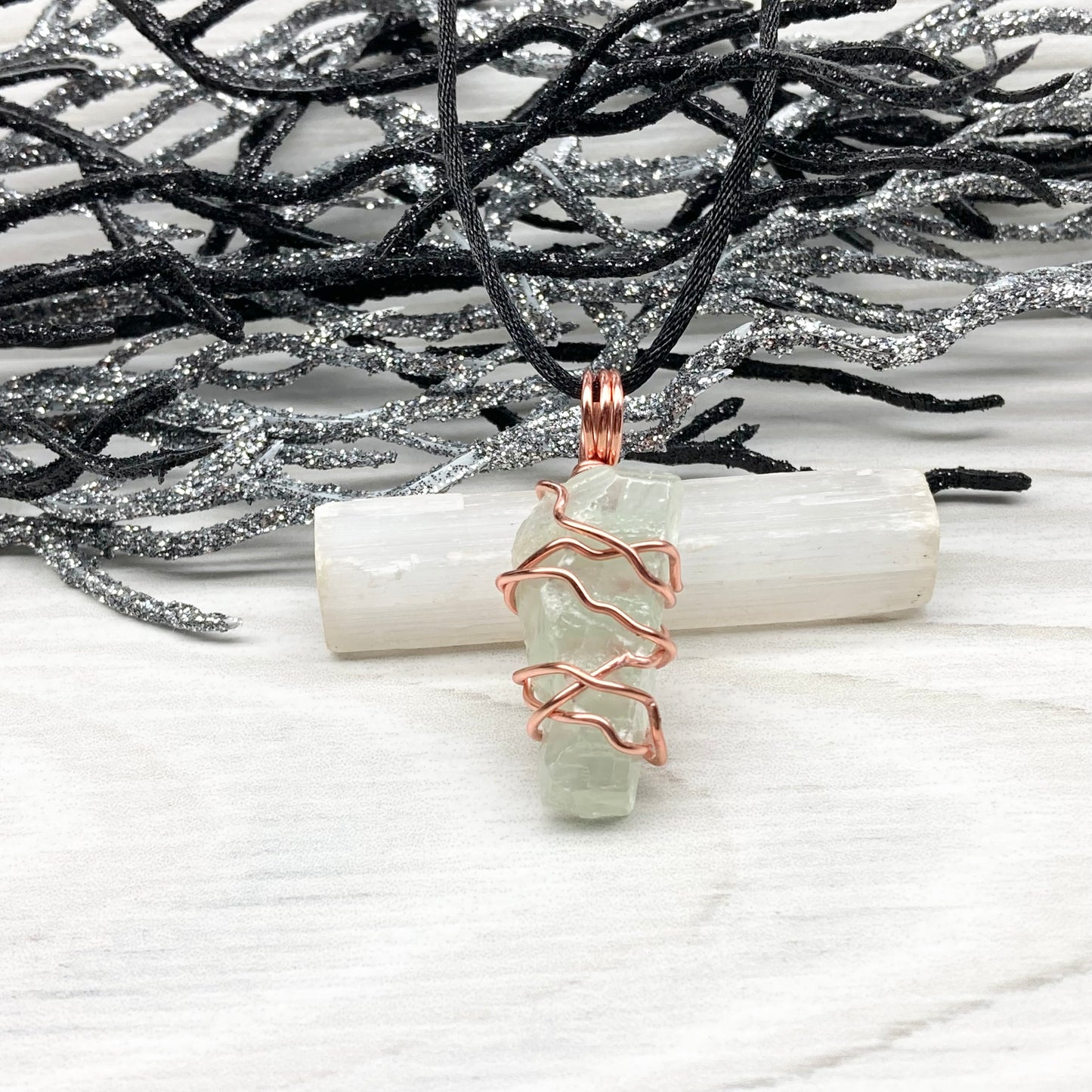 Green Calcite Necklace. Light green crystal wrapped with tarnish resistant copper wire. Comes on a black chain. Raw stone pendant. Virgo zodiac gift. New age jewelry for him or her.