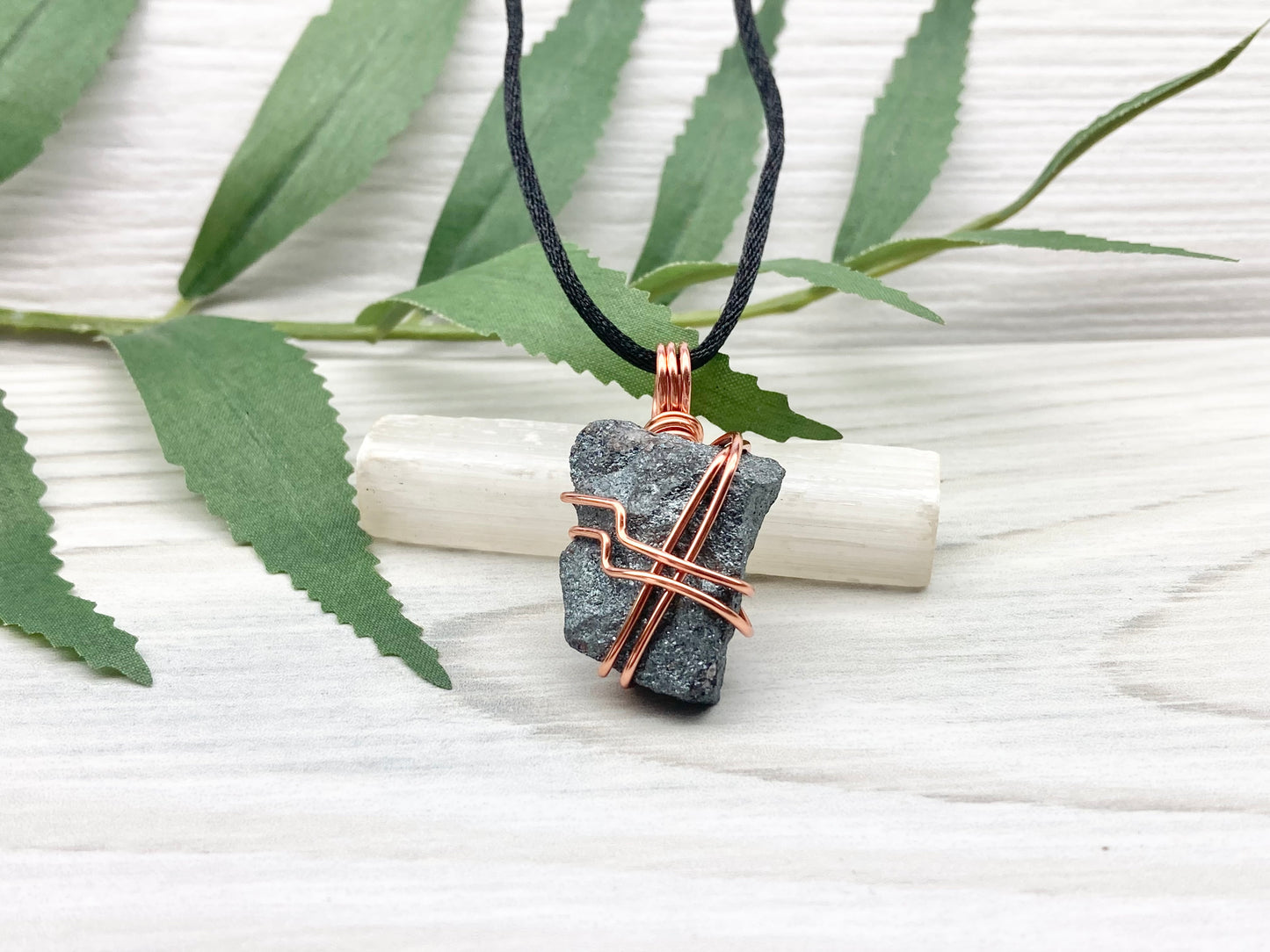 Hematite Necklace. Raw Gray Crystal Pendant. Copper Wire Wrapped Stone. Aries Zodiac Jewelry.