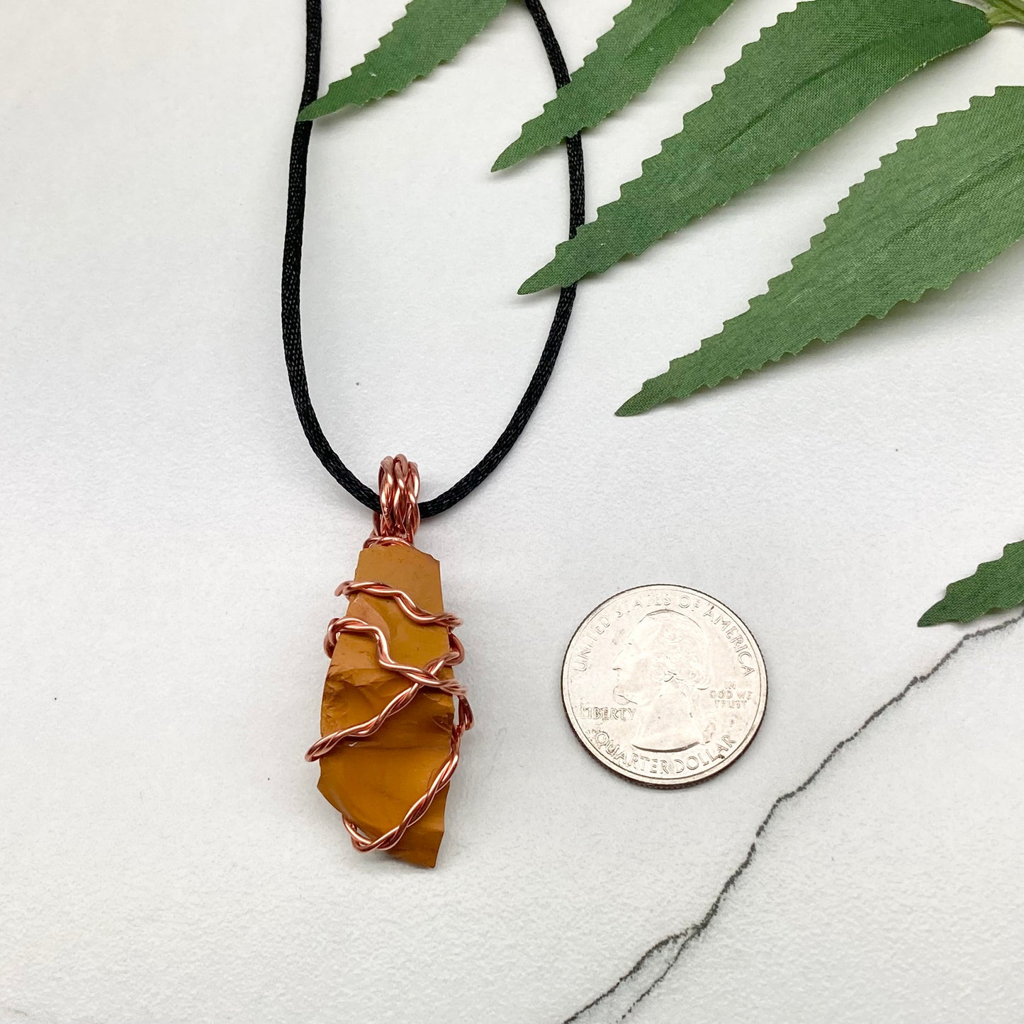 Natural Mookaite Jasper Necklace. Yellow Colored Raw Mookaite Crystal Wrapped With Pure Copper Wire. Comes On A Black Chain. Handmade Spiritual Gemstone Jewelry. Made In The USA.