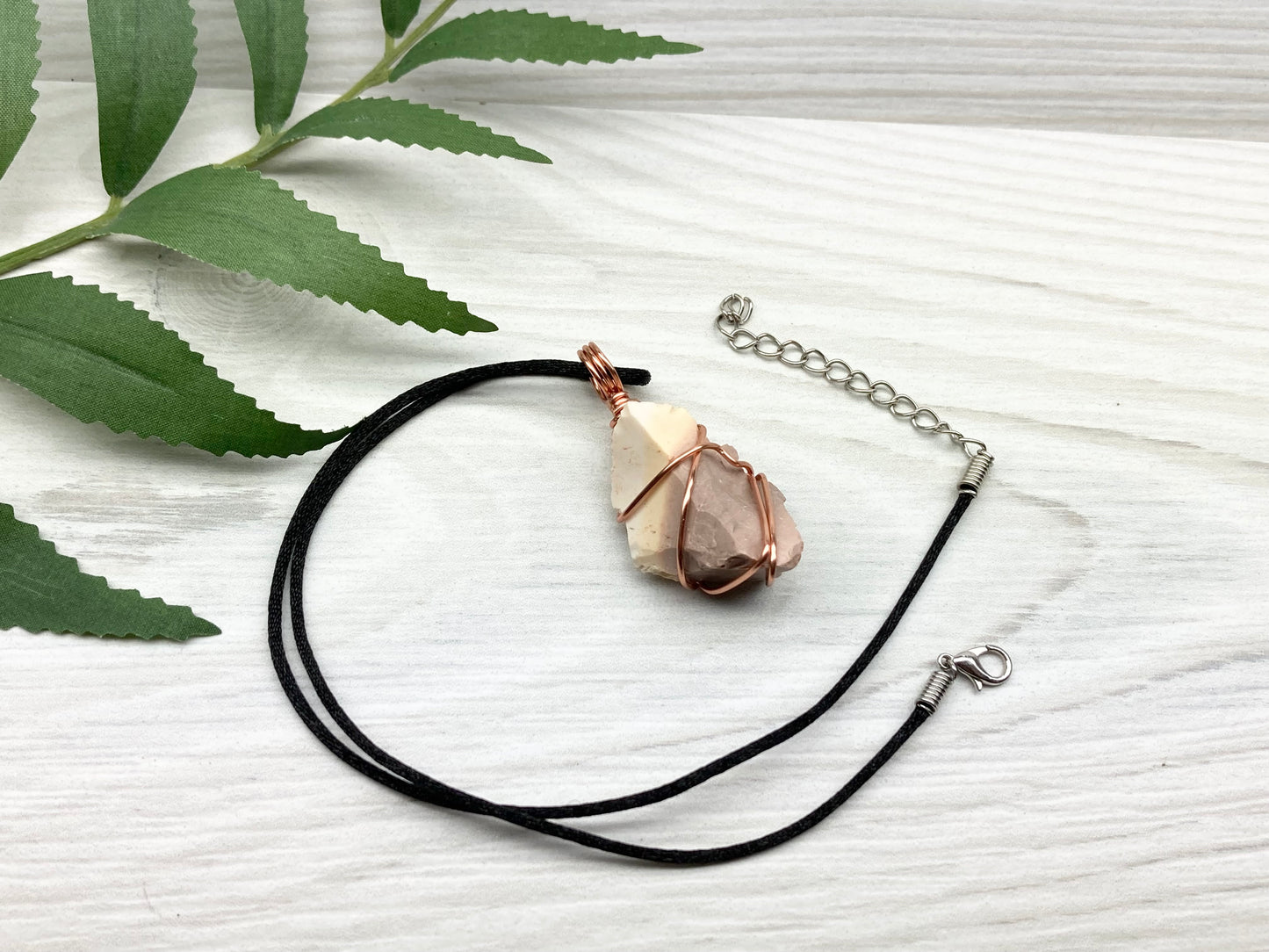 Raw Mookaite Jasper Necklace. Cream and Light Brown Crystal Wrapped With Tarnish Resistant Copper Wire. Comes On A Black Satin Silk Chain. Handcrafted During The Moon In Aries.