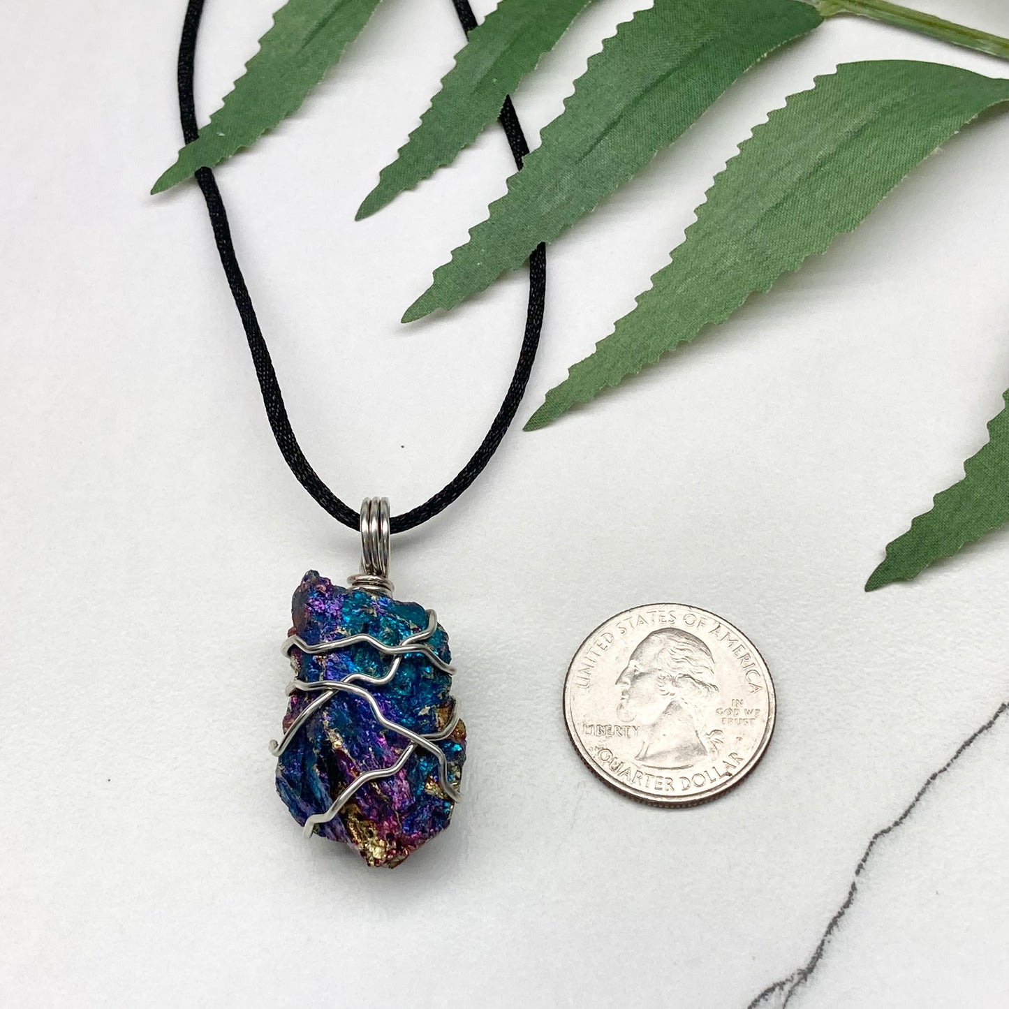 Raw Peacock Ore Necklace. Silver Copper Wire Wrapped Shimmery Crystal Pendant. Comes On A Black Necklace. Handmade Spiritual Jewelry.