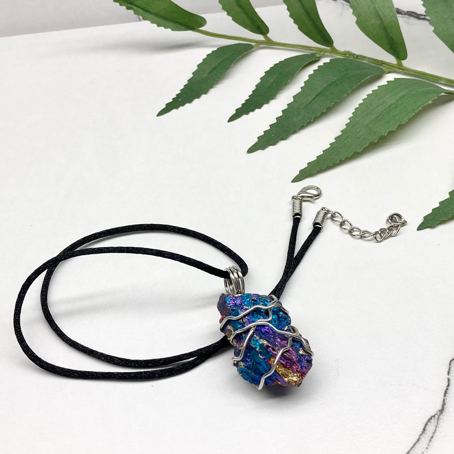 Raw Peacock Ore Necklace. Silver Copper Wire Wrapped Shimmery Crystal Pendant. Comes On A Black Necklace. Handmade Spiritual Jewelry.