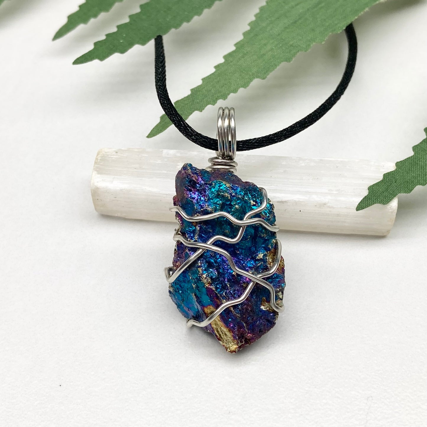 Raw Peacock Ore Necklace. Silver Copper Wire Wrapped Shimmery Crystal Pendant. Comes On A Black Necklace. Handmade Spiritual Jewelry.