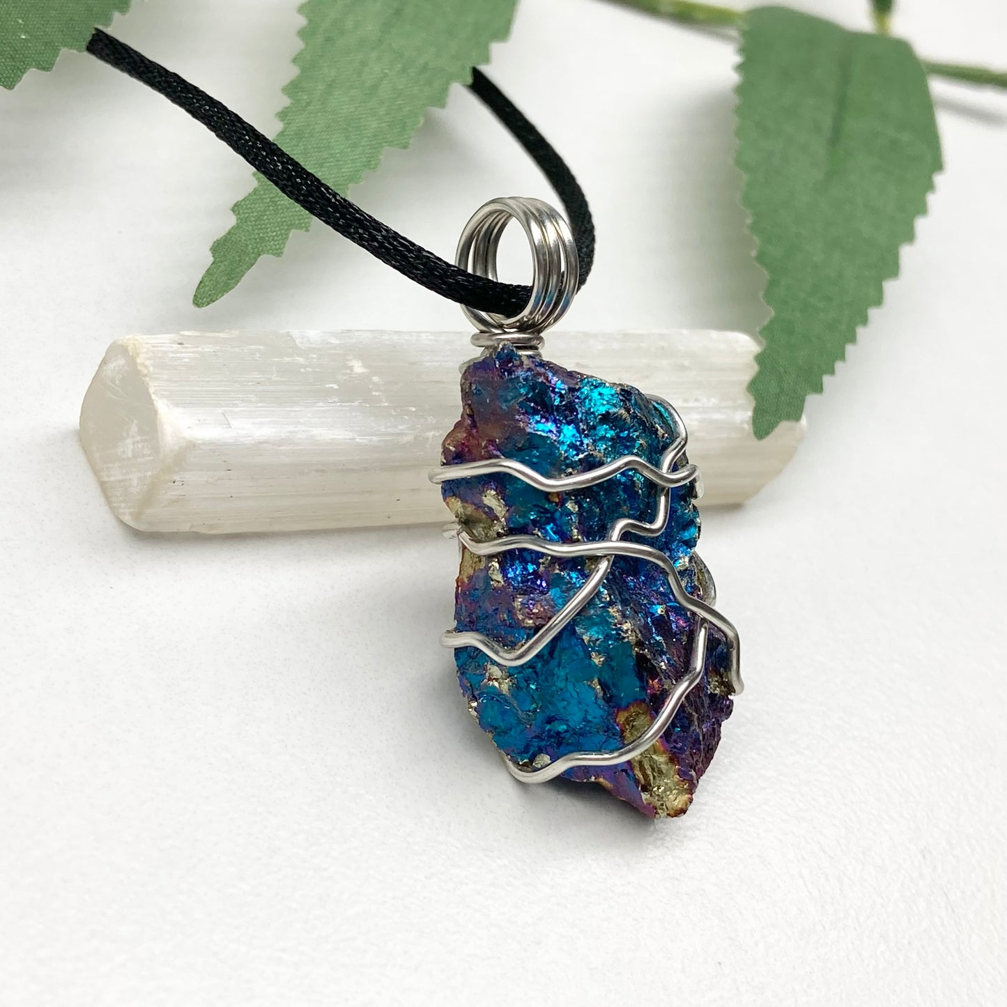 Raw Peacock Ore Necklace. Silver Copper Wire Wrapped Shimmery Crystal Pendant. Comes On A Black Necklace. Handmade Spiritual Jewelry.