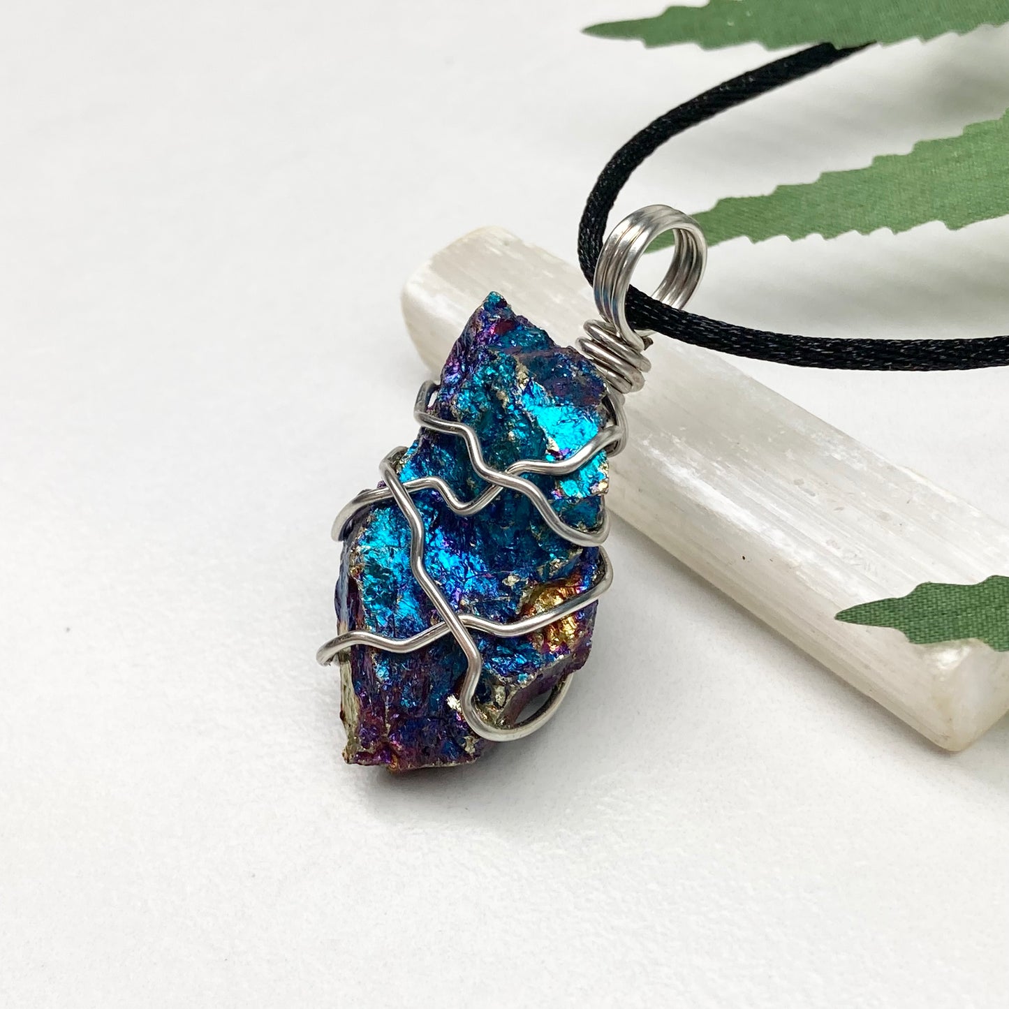 Raw Peacock Ore Necklace. Silver Copper Wire Wrapped Shimmery Crystal Pendant. Comes On A Black Necklace. Handmade Spiritual Jewelry.