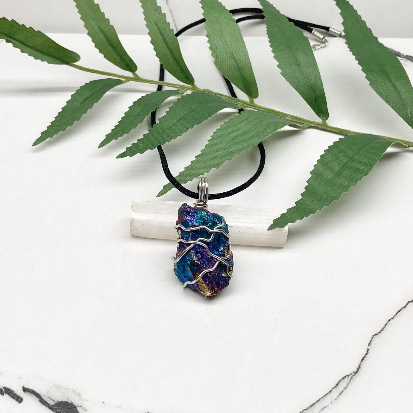 Raw Peacock Ore Necklace. Silver Copper Wire Wrapped Shimmery Crystal Pendant. Comes On A Black Necklace. Handmade Spiritual Jewelry.