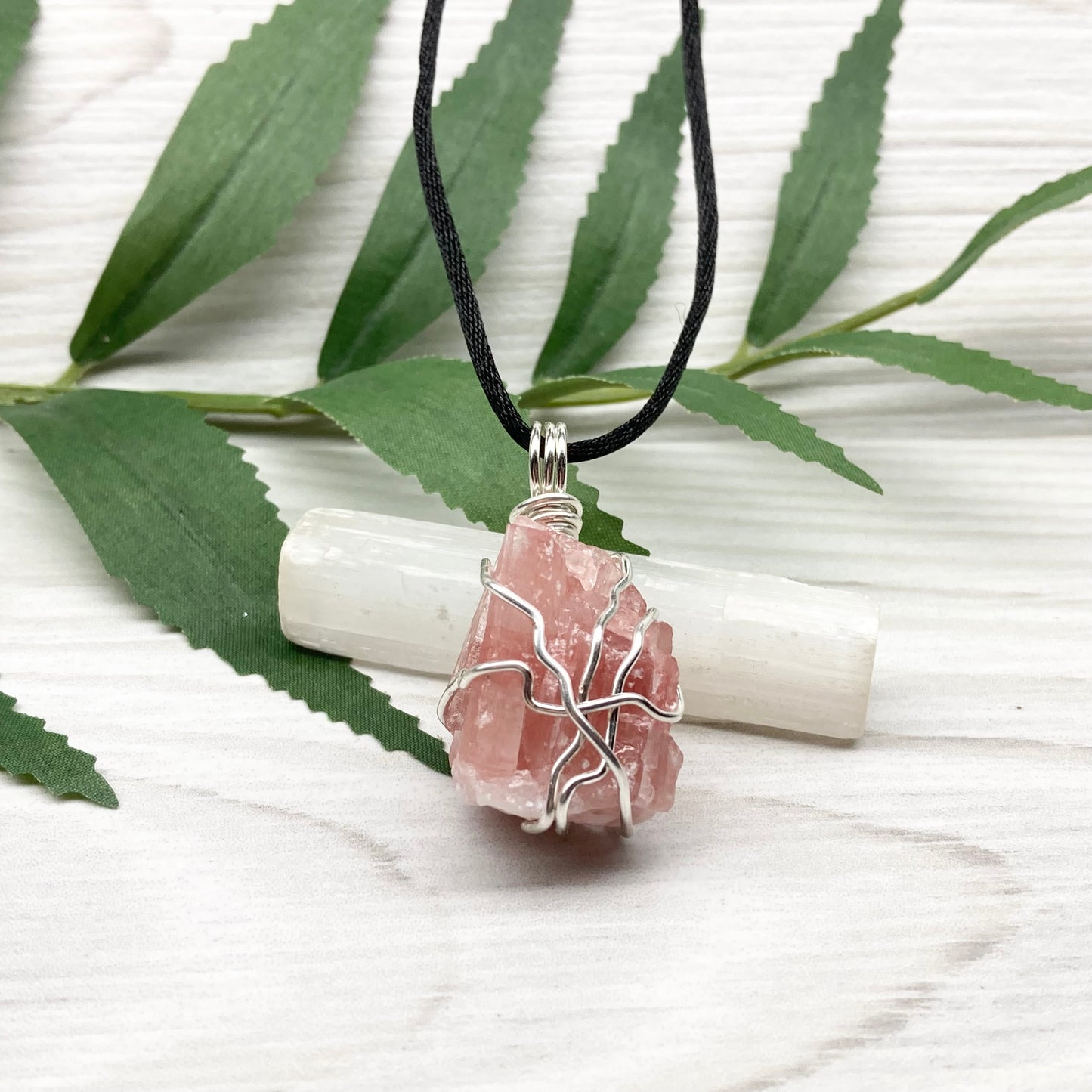 Pink Calcite Necklace. Raw pink crystal wrapped with silver copper wire. Comes on a black chain. Inner peace stone. Stone pendant gift for wife. Girly boho jewelry.