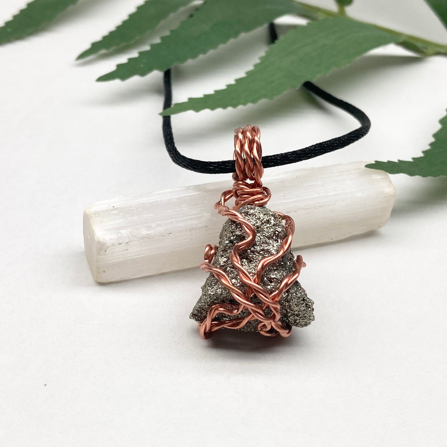 Raw Pyrite Necklace. Real Pyrite Stone Hand Wrapped With Copper Wire. Fools Gold Crystal Pendant. Comes On A Black Chain. Leo And Taurus Zodiac Jewelry. Handmade In Tennessee.