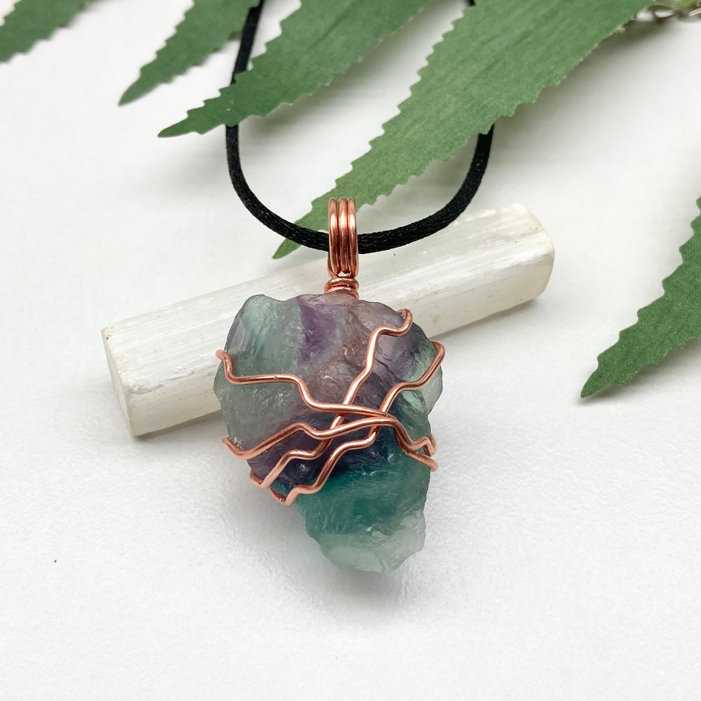 Rainbow Fluorite necklace. Green and purple Fluorite crystal wrapped with pure copper wire. Comes on a black chain. Wire wrapped stone pendant. Aquarius zodiac gift.