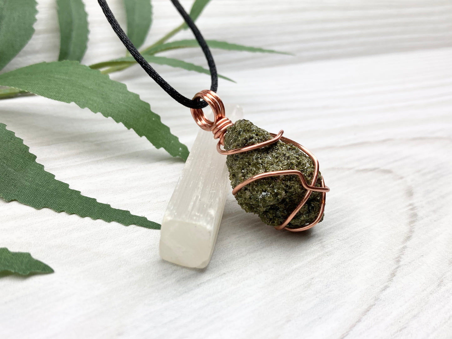 Epidote Crystal Necklace. Raw Dark Green Stone Pendant. Wrapped With Tarnish Resistant Copper Wire. Comes On A Black Necklace.