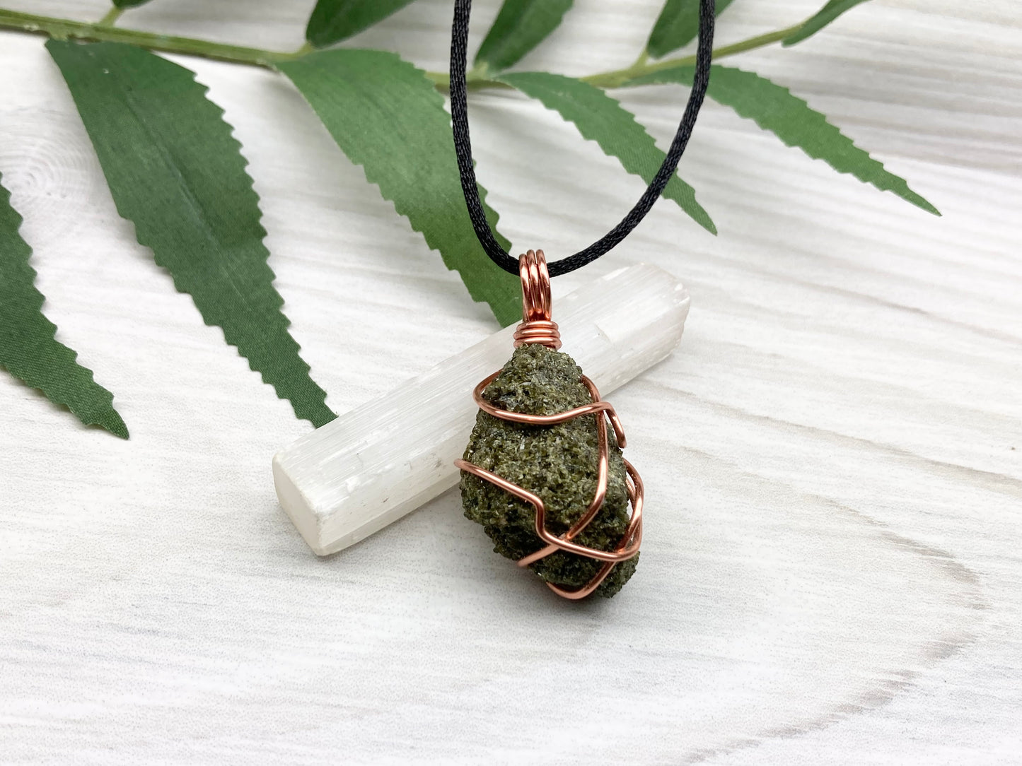 Epidote Crystal Necklace. Raw Dark Green Stone Pendant. Wrapped With Tarnish Resistant Copper Wire. Comes On A Black Necklace.