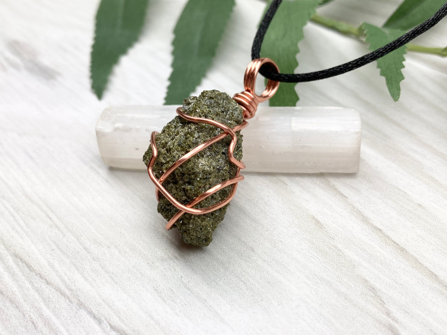 Epidote Crystal Necklace. Raw Dark Green Stone Pendant. Wrapped With Tarnish Resistant Copper Wire. Comes On A Black Necklace.