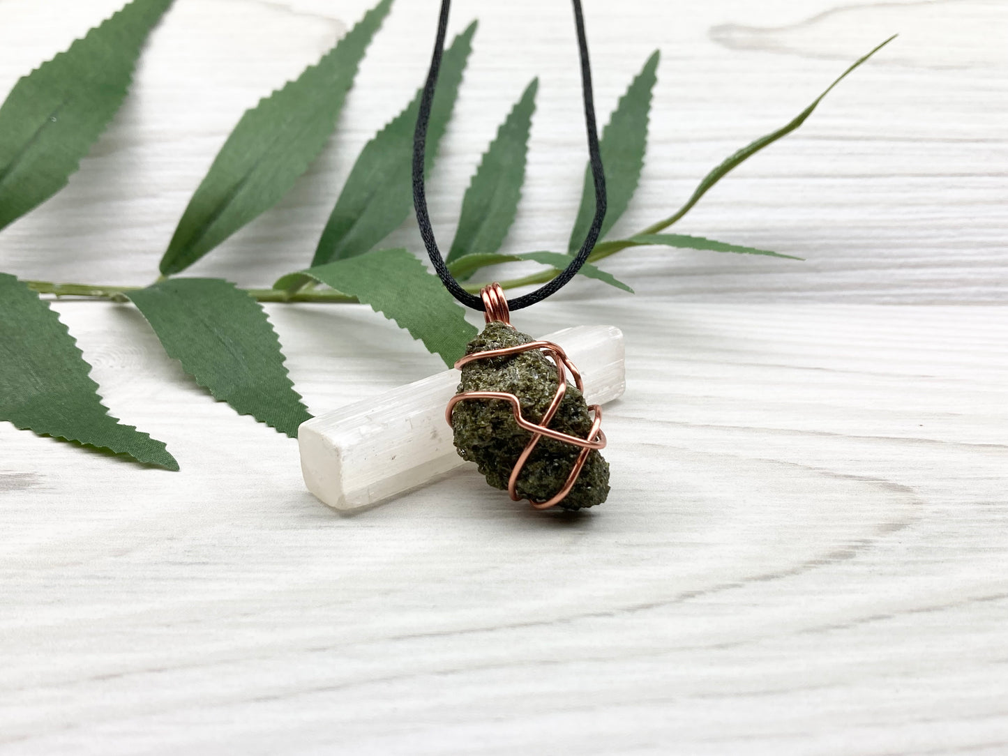 Epidote Crystal Necklace. Raw Dark Green Stone Pendant. Wrapped With Tarnish Resistant Copper Wire. Comes On A Black Necklace.