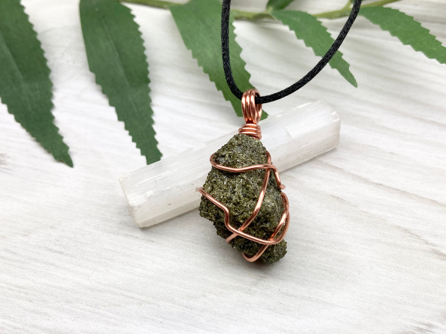 Epidote Crystal Necklace. Raw Dark Green Stone Pendant. Wrapped With Tarnish Resistant Copper Wire. Comes On A Black Necklace.