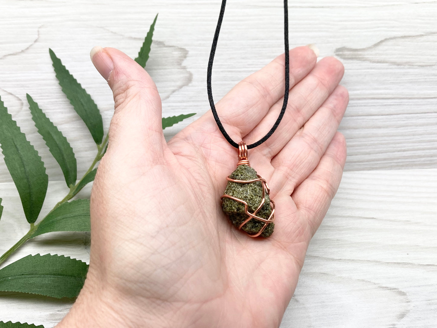 Epidote Crystal Necklace. Raw Dark Green Stone Pendant. Wrapped With Tarnish Resistant Copper Wire. Comes On A Black Necklace.