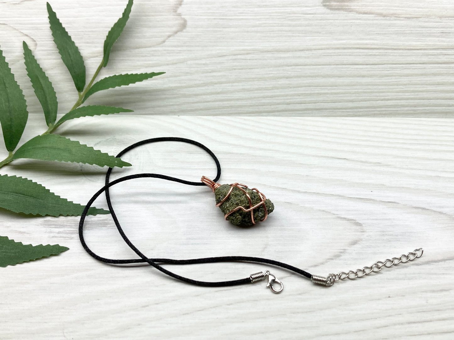 Epidote Crystal Necklace. Raw Dark Green Stone Pendant. Wrapped With Tarnish Resistant Copper Wire. Comes On A Black Necklace.