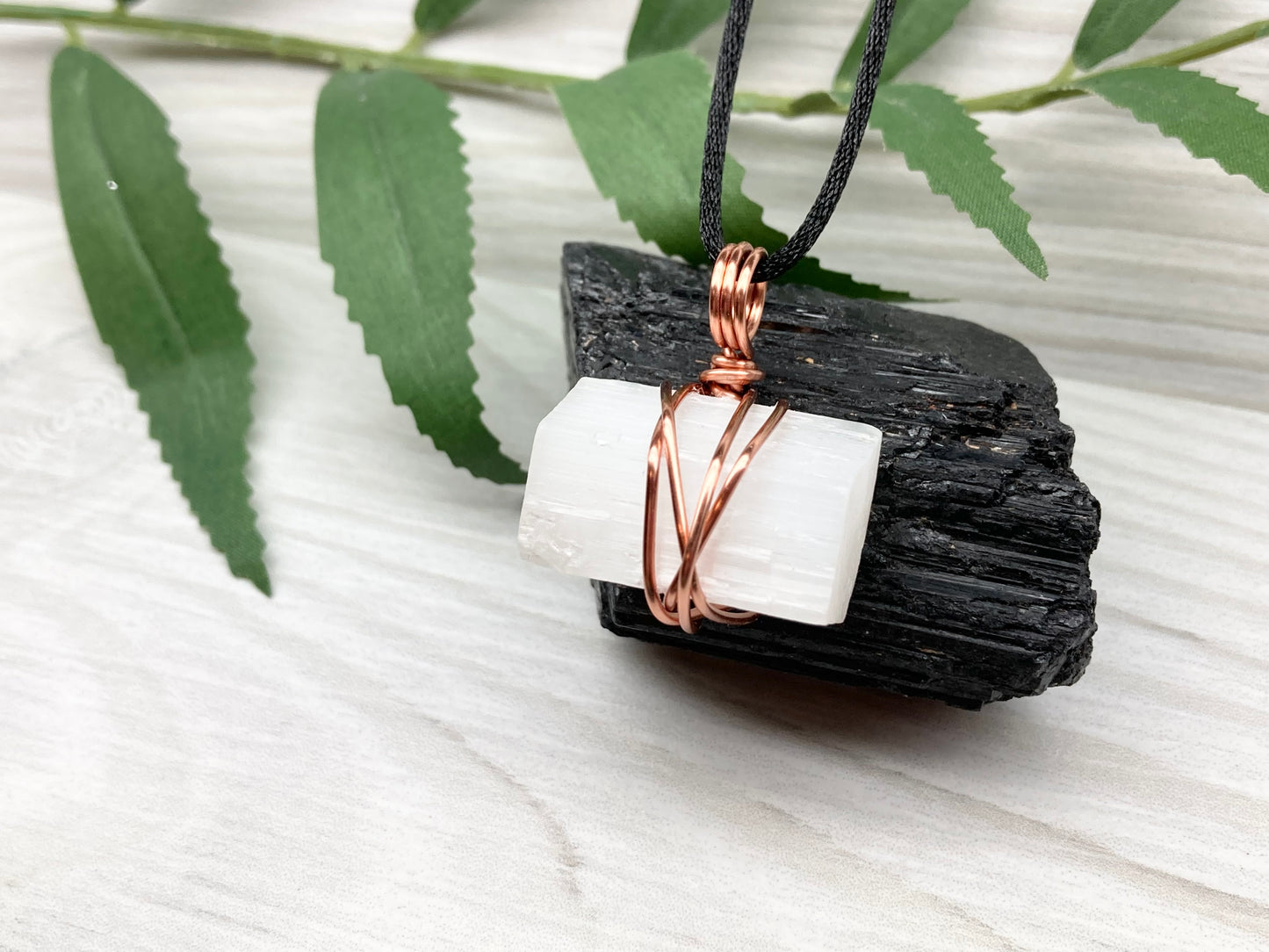 Raw Selenite Necklace. Natural Selenite Crystal Wrapped With Copper Wire. This Stone Is Associated With Cancer And Taurus Zodiacs.