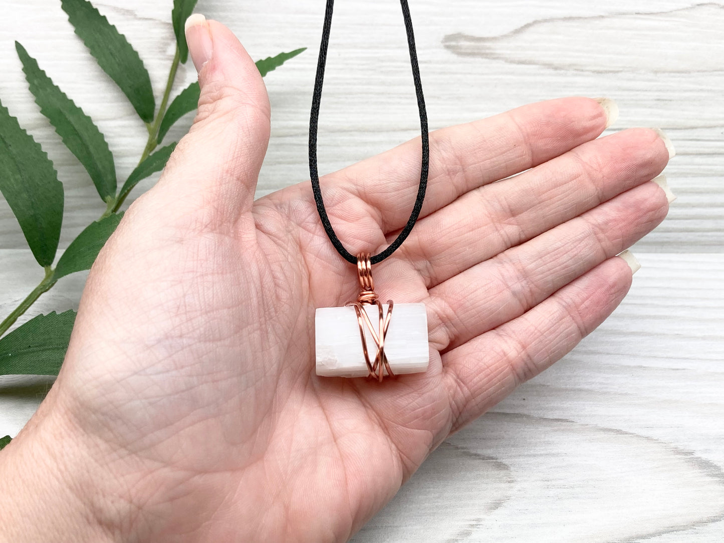 Raw Selenite Necklace. Natural Selenite Crystal Wrapped With Copper Wire. This Stone Is Associated With Cancer And Taurus Zodiacs.
