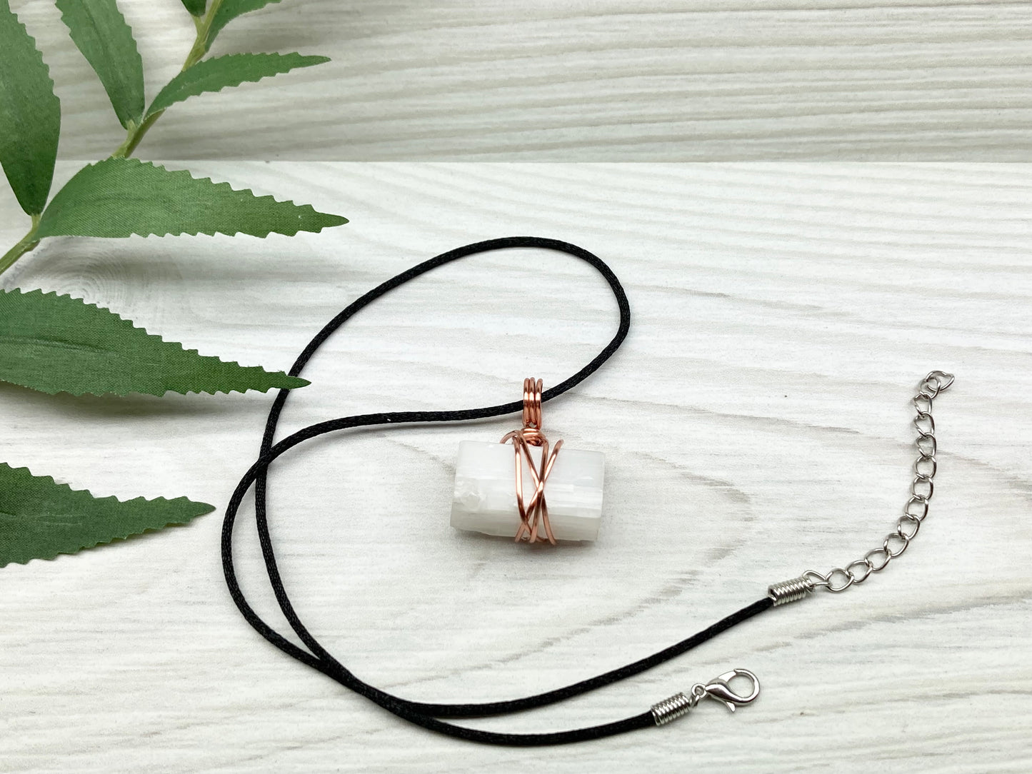 Raw Selenite Necklace. Natural Selenite Crystal Wrapped With Copper Wire. This Stone Is Associated With Cancer And Taurus Zodiacs.