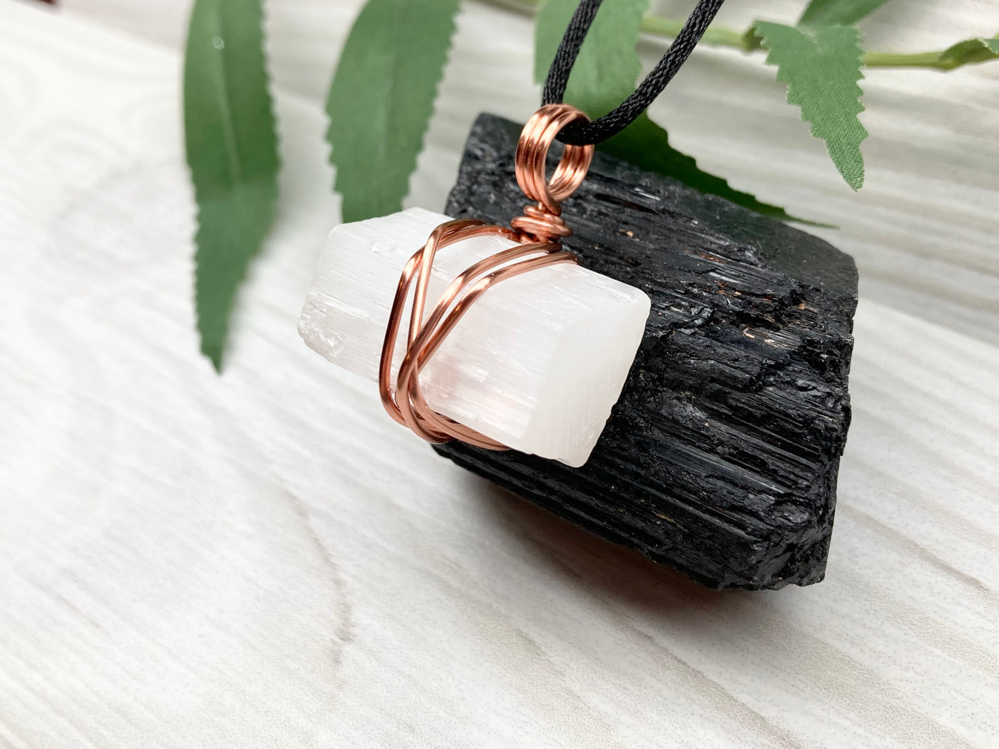 Raw Selenite Necklace. Natural Selenite Crystal Wrapped With Copper Wire. This Stone Is Associated With Cancer And Taurus Zodiacs.