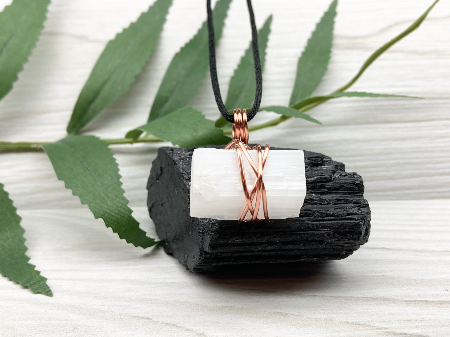 Raw Selenite Necklace. Natural Selenite Crystal Wrapped With Copper Wire. This Stone Is Associated With Cancer And Taurus Zodiacs.