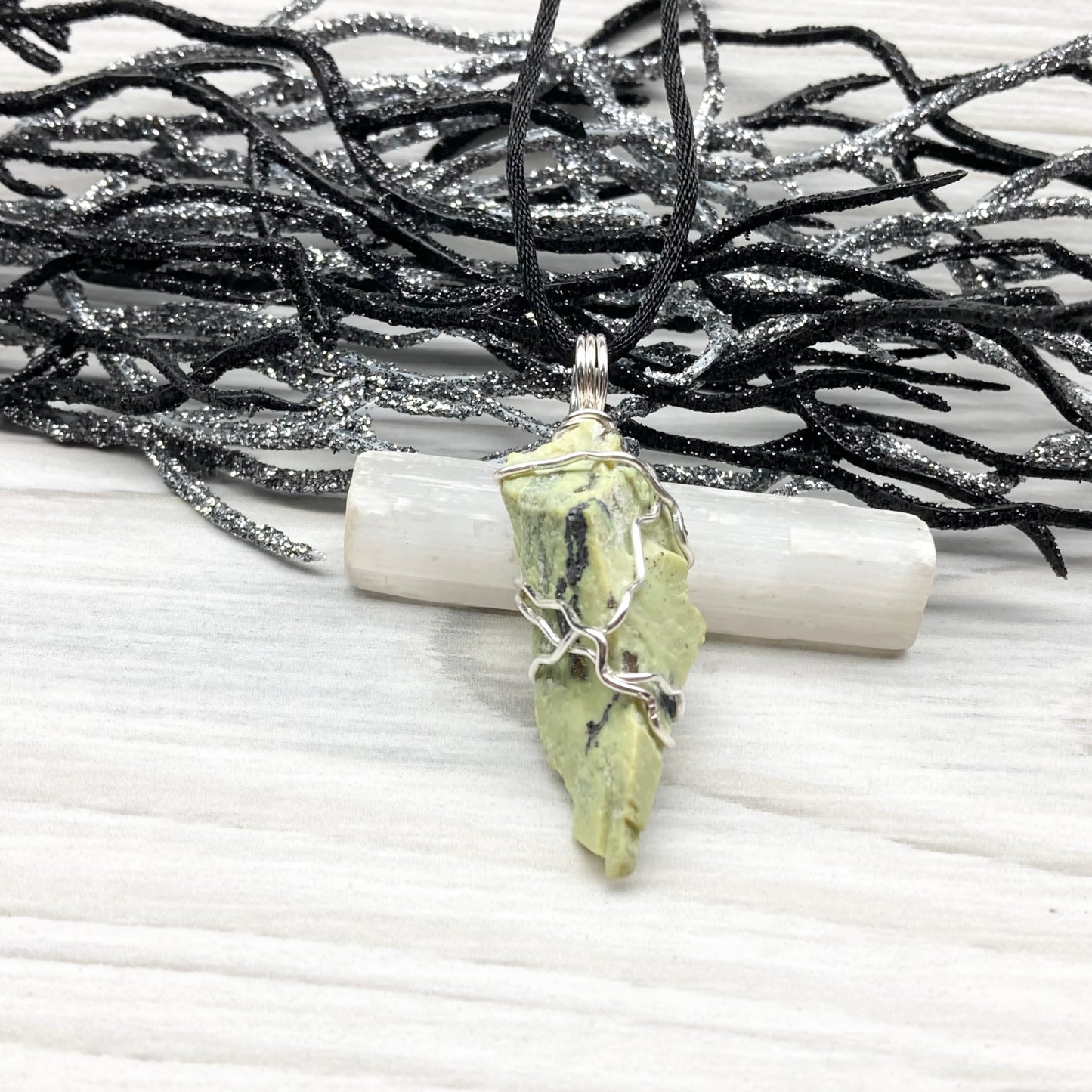 Serpentine necklace. Raw Serpentine wrapped with silver colored copper wire. Green crystal. Wire wrapped stone jewelry.