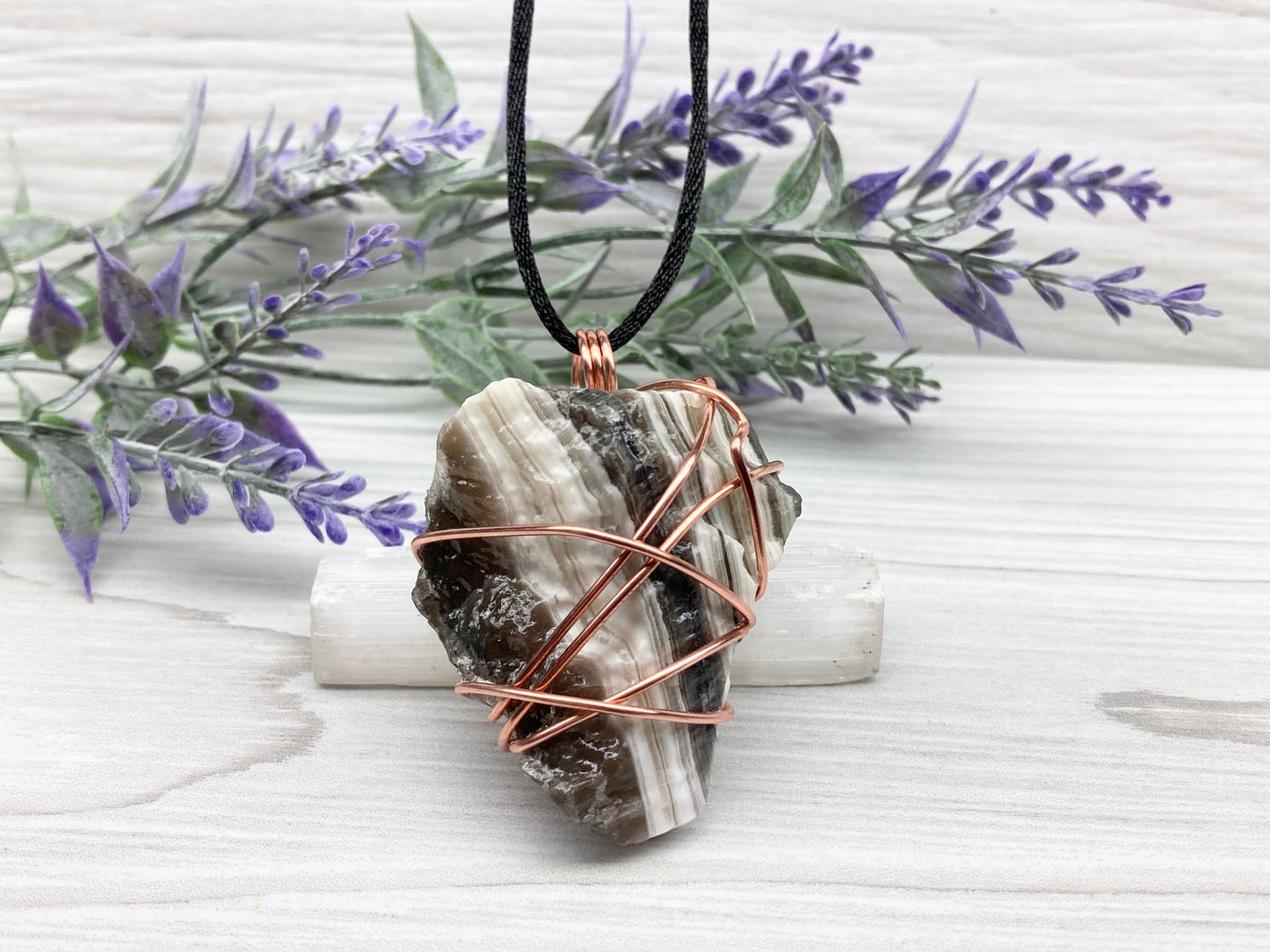 Chunky Phantom Calcite Necklace. Also Known As Zebra Calcite. Copper Wrapped Striped Calcite Pendant. Raw Natural Rough Crystal. Comes On A Black Necklace. New Age Jewelry.